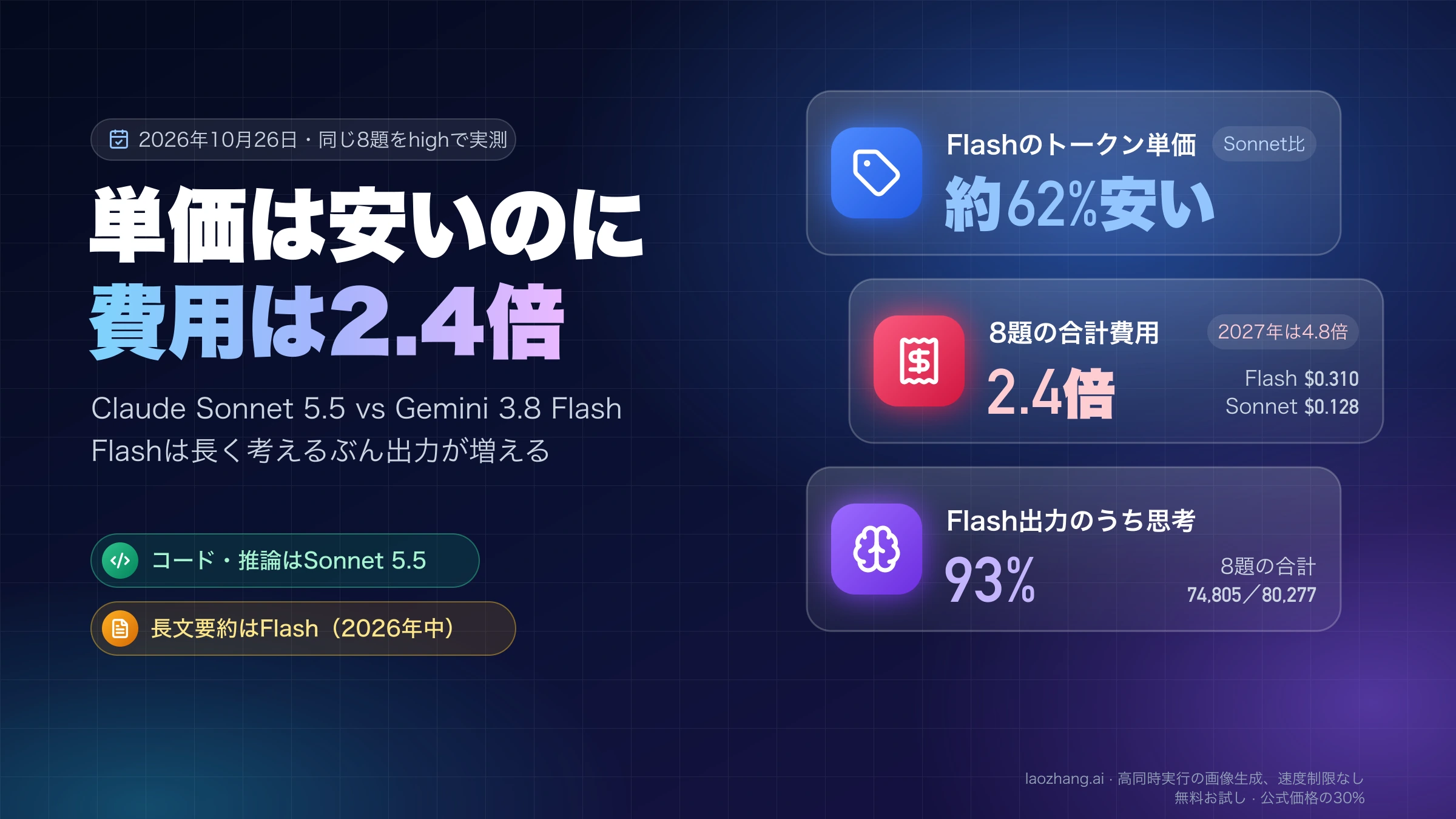 トークン単価はGemini 3.8 Flashが約62%安いのに、同じ8題の合計費用はClaude Sonnet 5.5の2.4倍になり、Flashの出力の93%が思考だったことを示す図