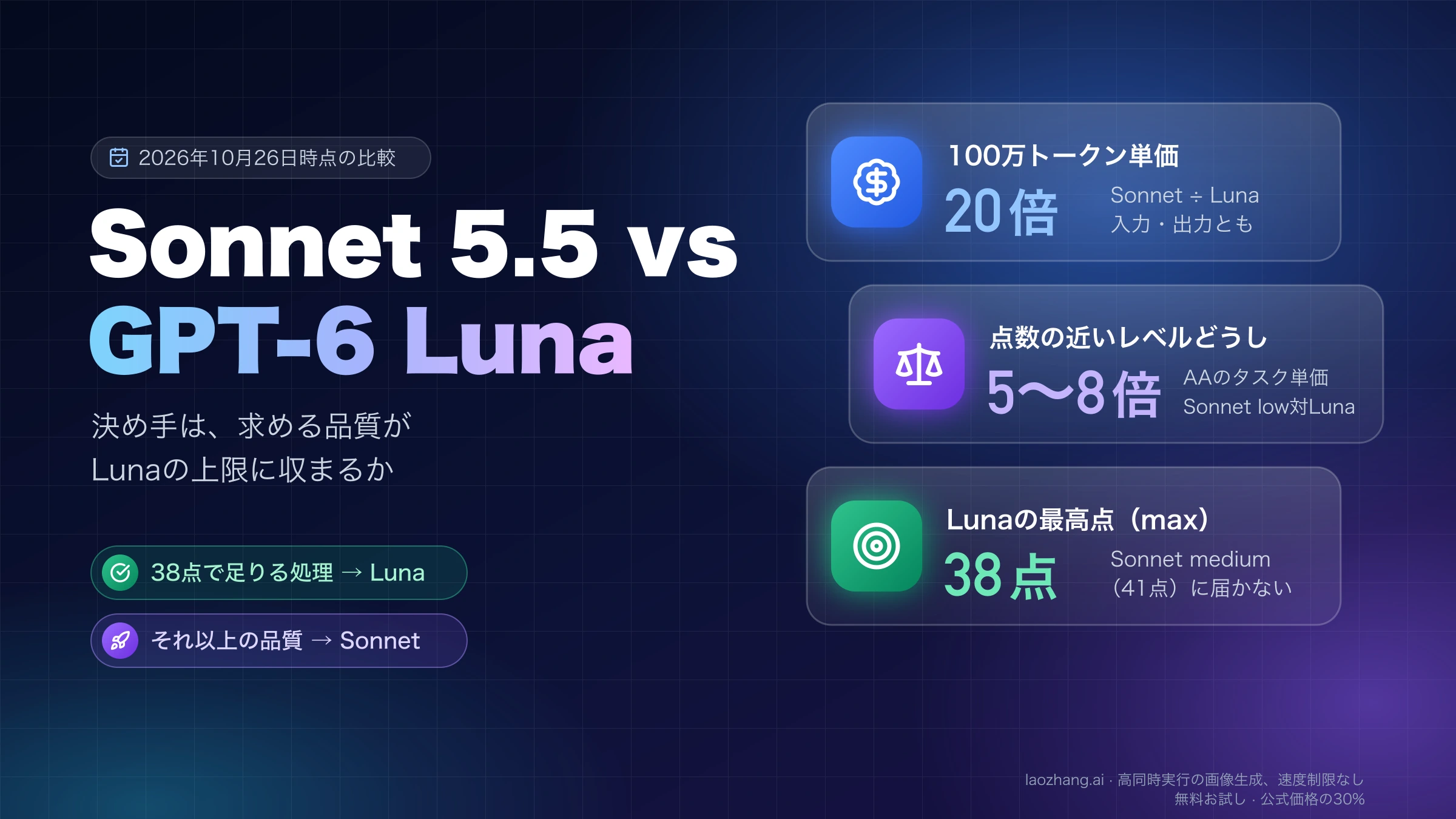 Claude Sonnet 5.5とGPT-6 Lunaの比較：100万トークン単価は20倍、点数の近いレベルどうしでは5〜8倍、Lunaの最高点は38点