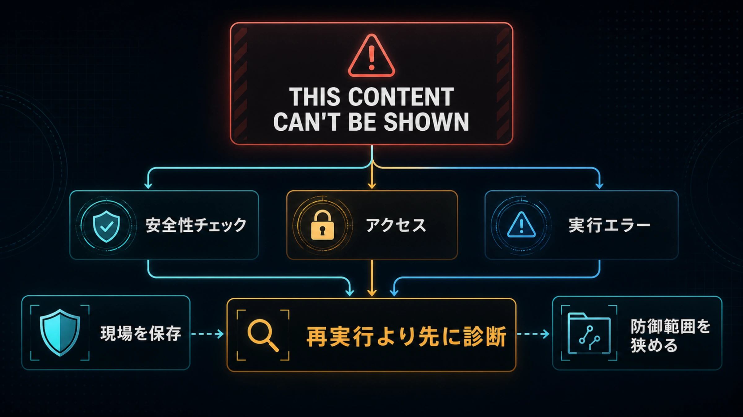 Codex Securityの警告から安全性チェック、アクセス、実行エラーへ分岐する診断図