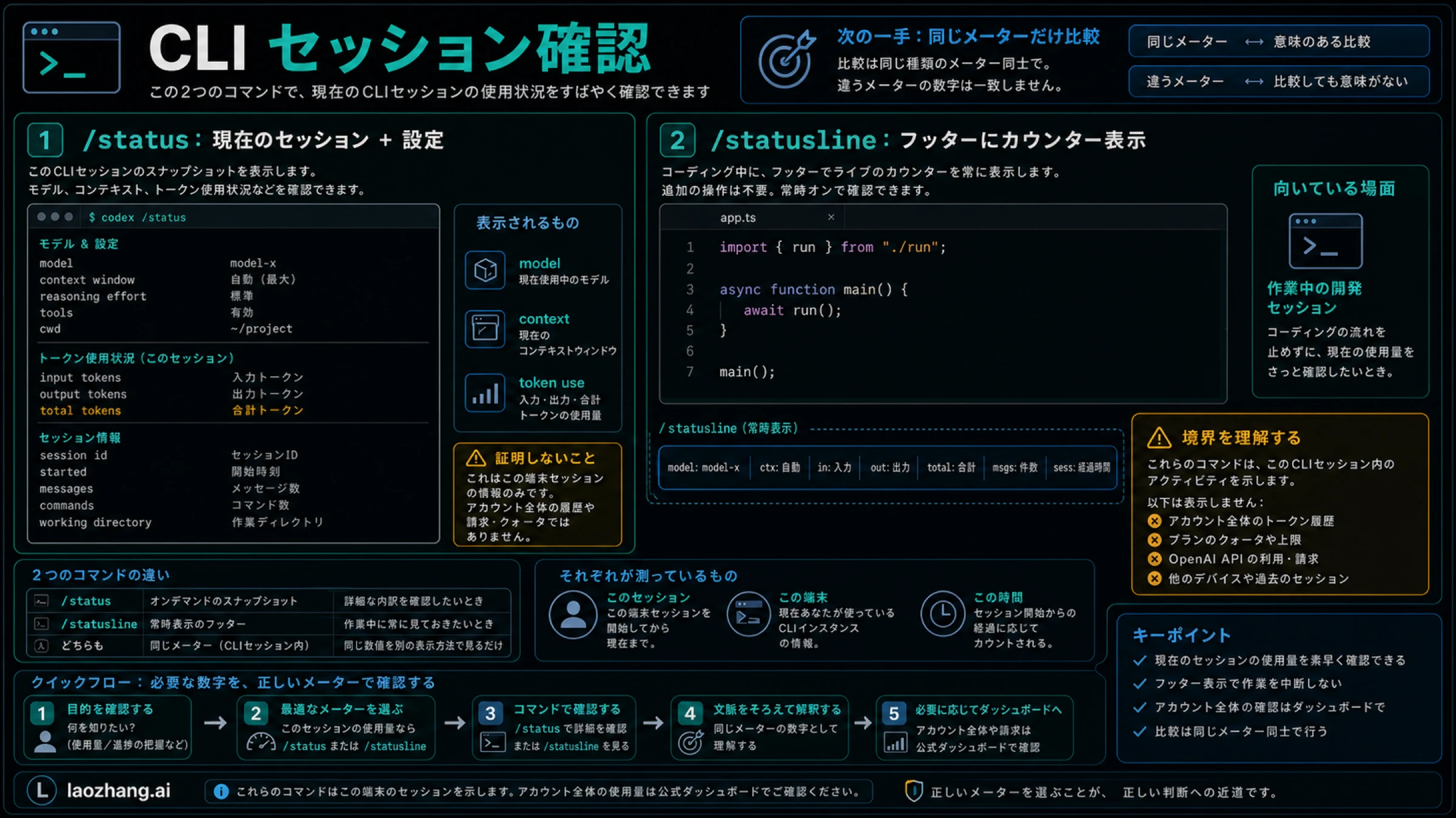 CLI flow。/status は確認、/statusline は footer 表示