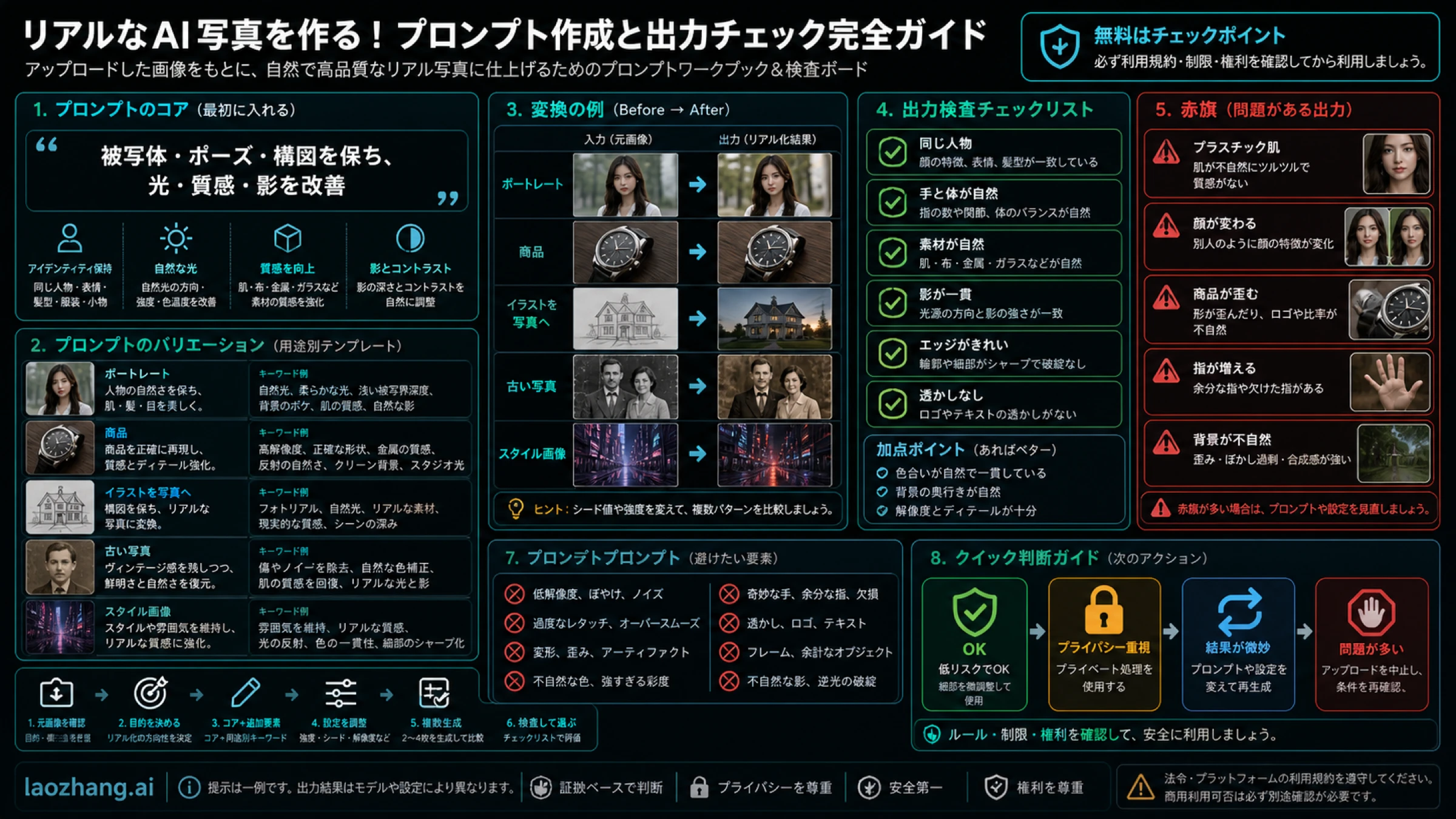 保持を先に書き、本人性、解剖、素材、影、輪郭、水印を確認する