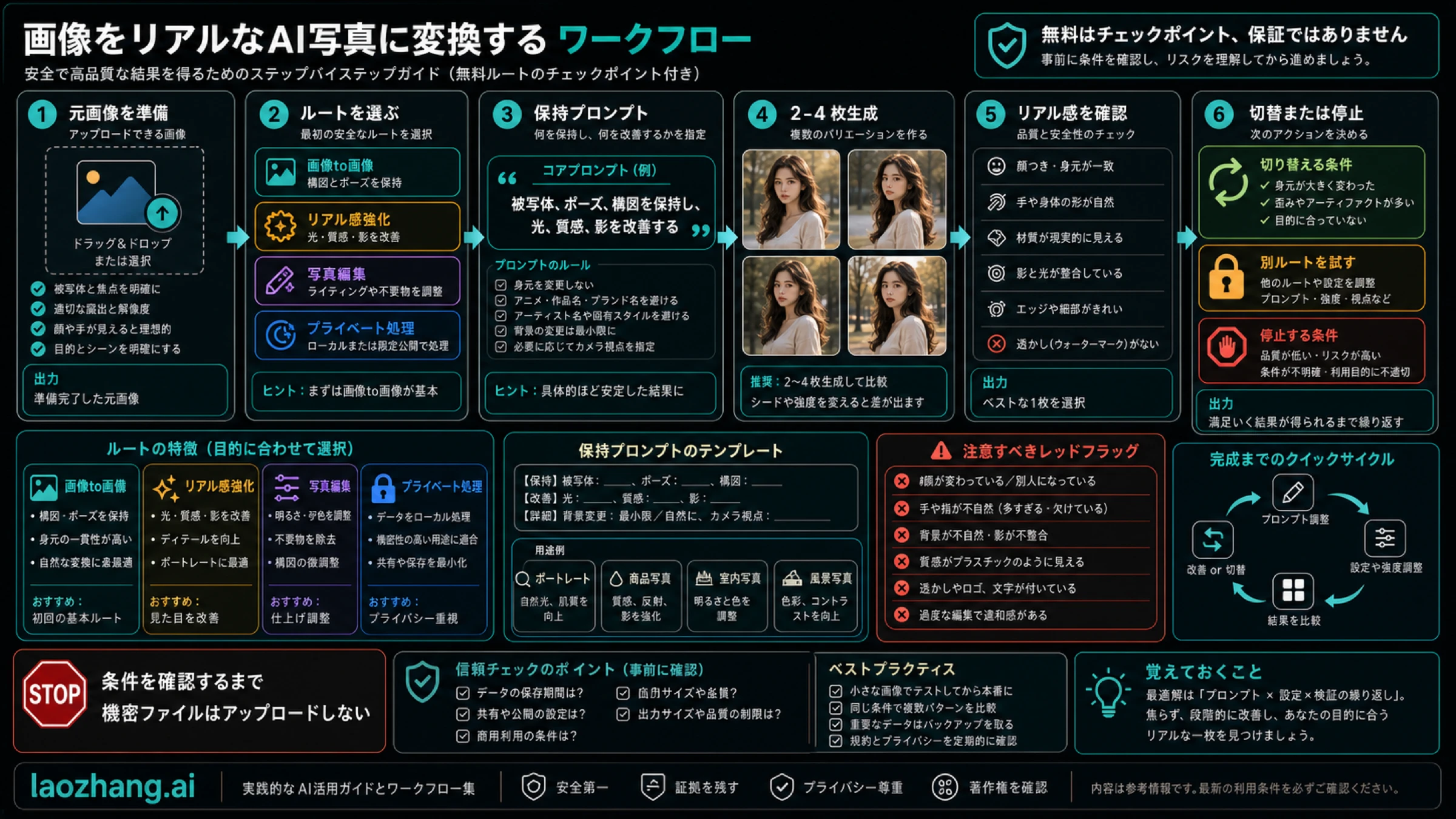 安全な流れは元画像準備、ルート選択、保持プロンプト、候補生成、検査、切替または停止