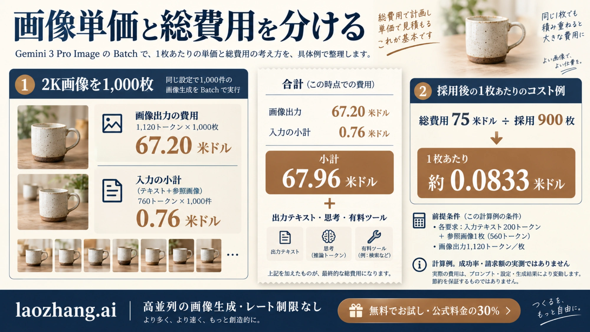 画像出力と入力の小計に追加費用を加え、採用画像数から1枚あたりの費用を求める計算例