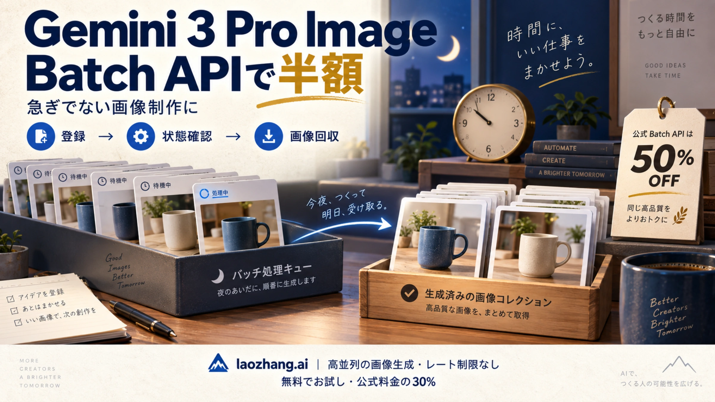 Gemini 3 Pro ImageのBatch APIで、急ぎでない画像制作をまとめて登録し回収するイメージ