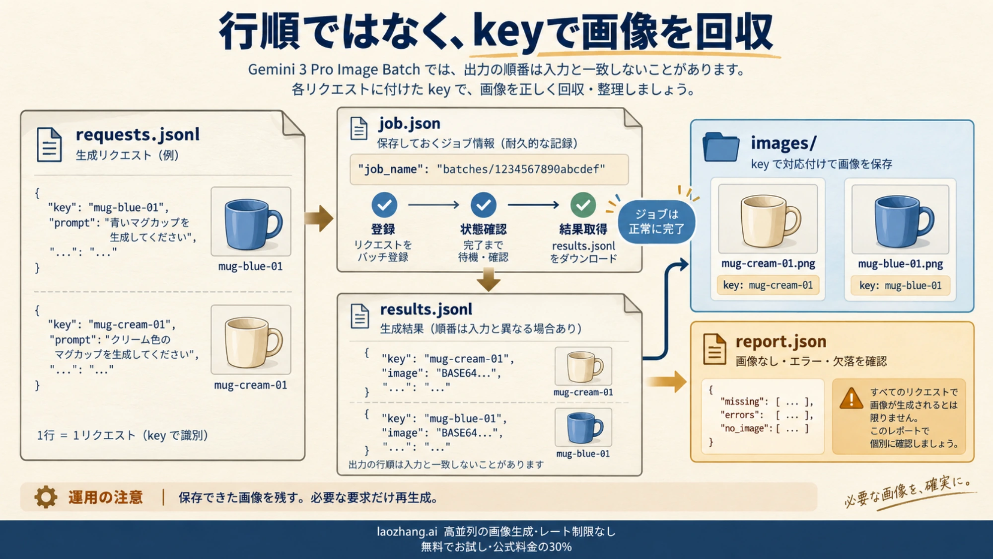 要求キーと保存したジョブ名を使い、乱序の結果から画像と確認が必要な項目を取り分ける概念図