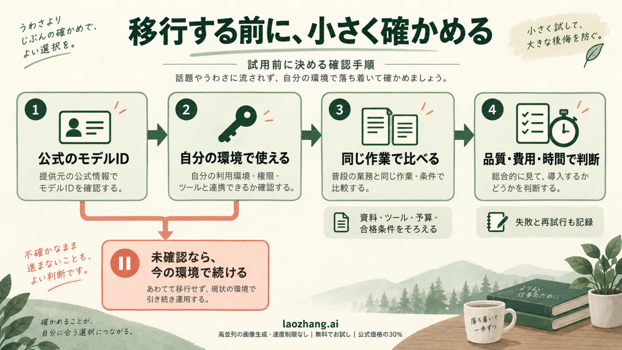 公式モデルIDと利用可否を確認し、同じ作業の品質・費用・時間から移行を判断する手順