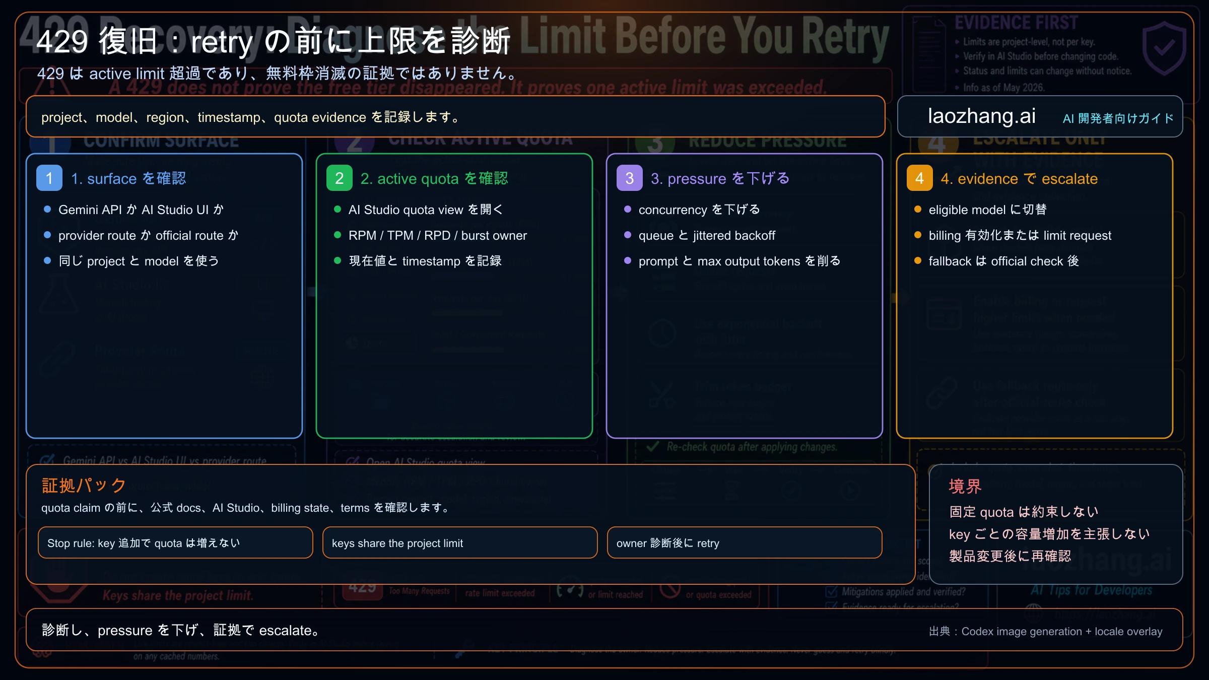 Gemini API無料枠の429 recovery ladder：surface確認、active quota確認、traffic pressure削減、証拠付きescalation