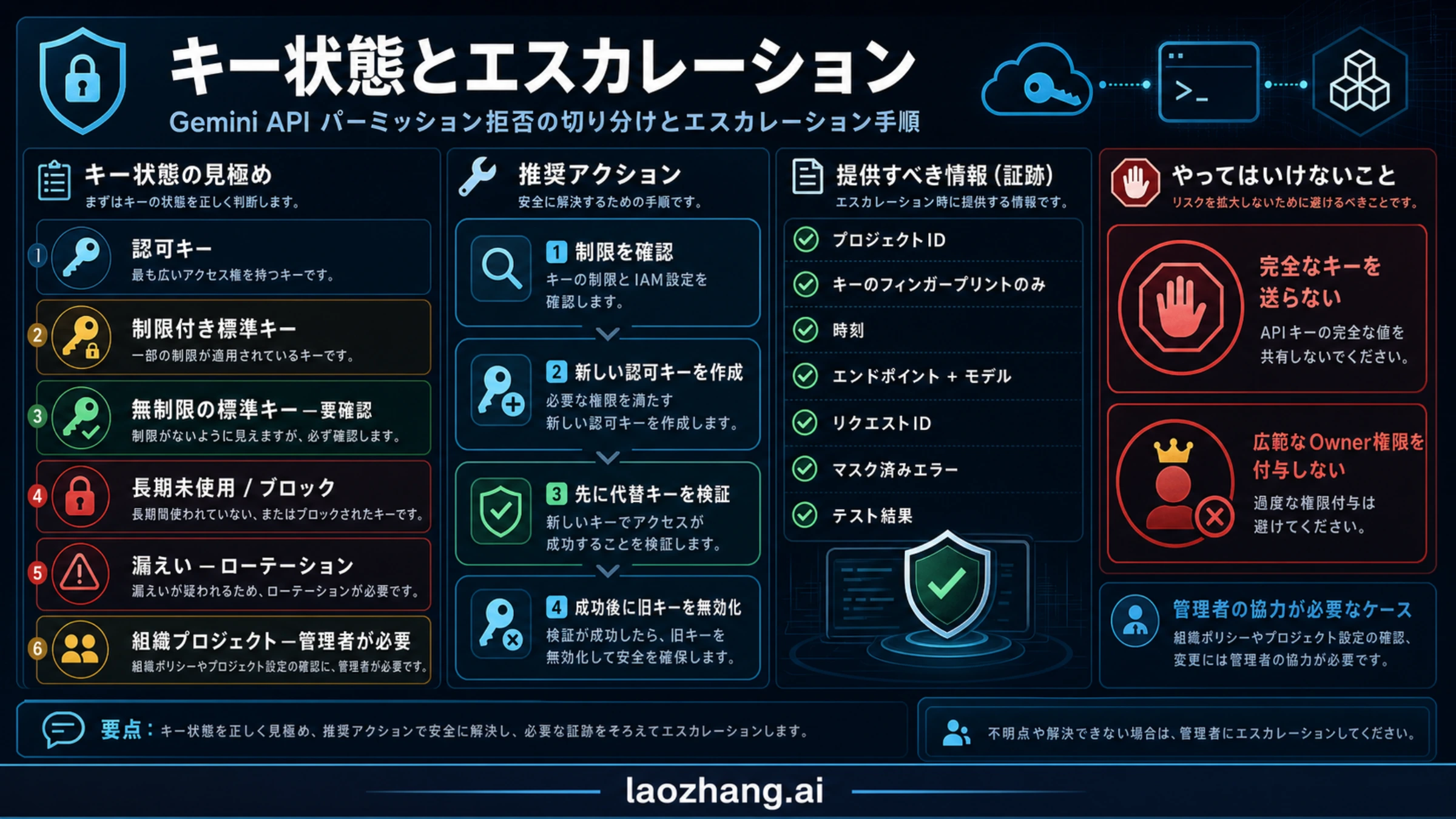 Restricted、Blocked、leaked、dormant、organization-owned keyの状態とエスカレーション