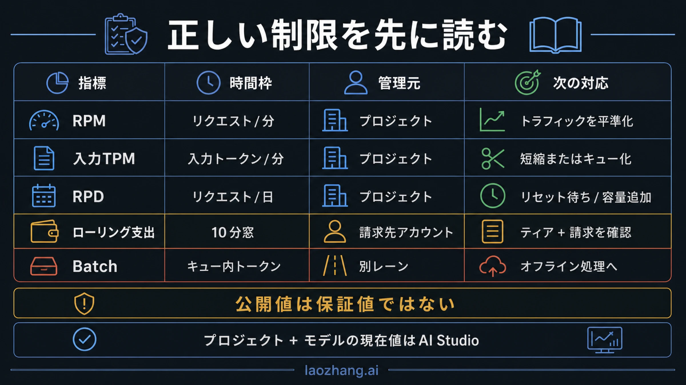 Gemini の RPM、入力TPM、RPD、支出ティア、Batch の所有者マトリクス