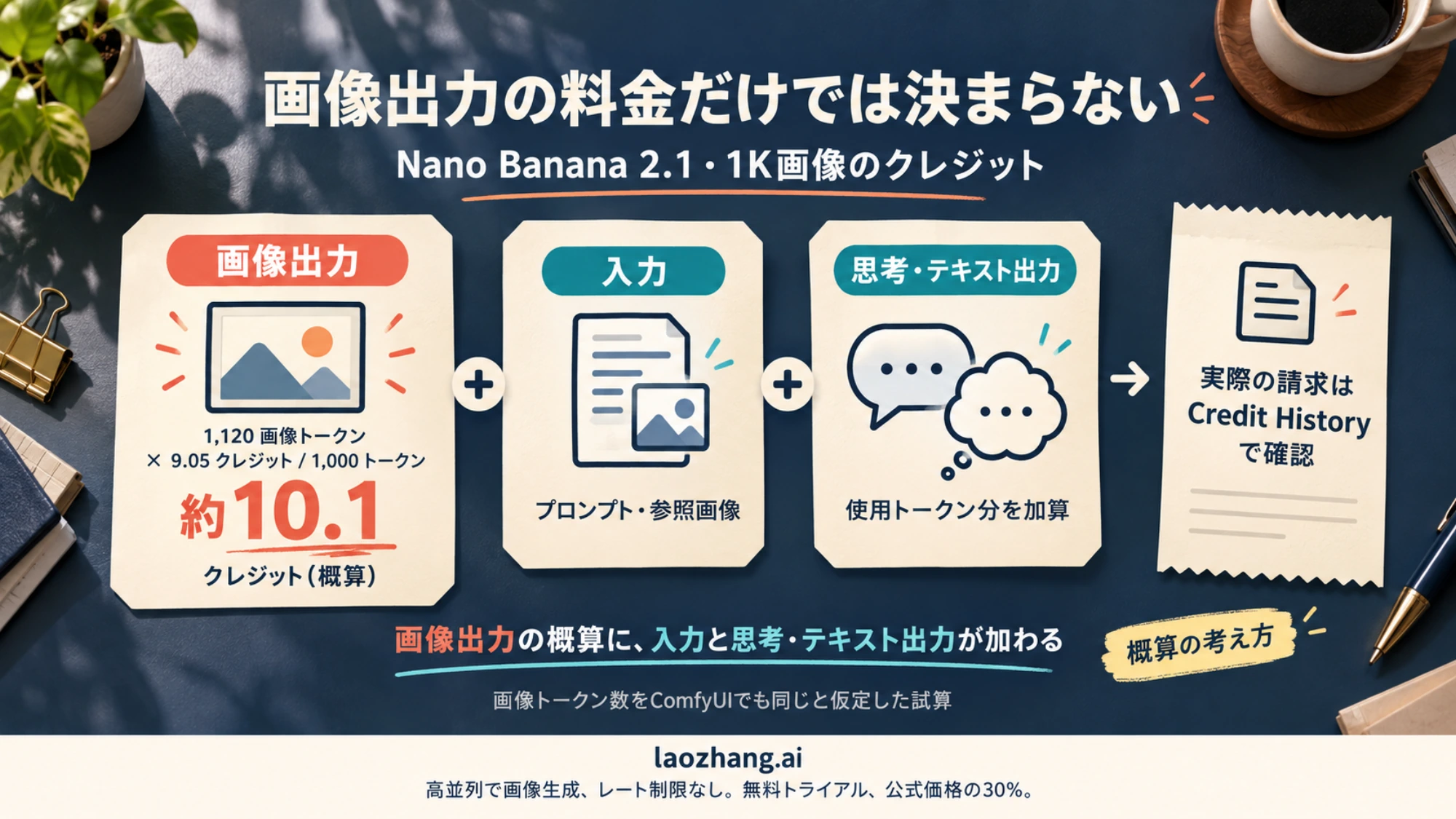 Nano Banana 2.1の1K画像出力は約10.1クレジットという概算に入力と思考・テキスト出力が加わり、実請求はCredit Historyで確認することを示す図