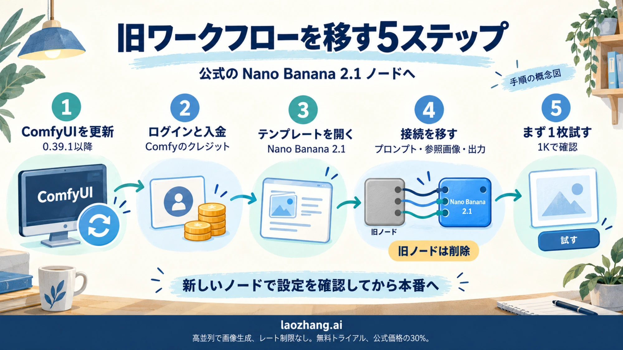 ComfyUI更新、Comfyログインと入金、テンプレート選択、接続の移行、1Kでの試行という5手順の概念図