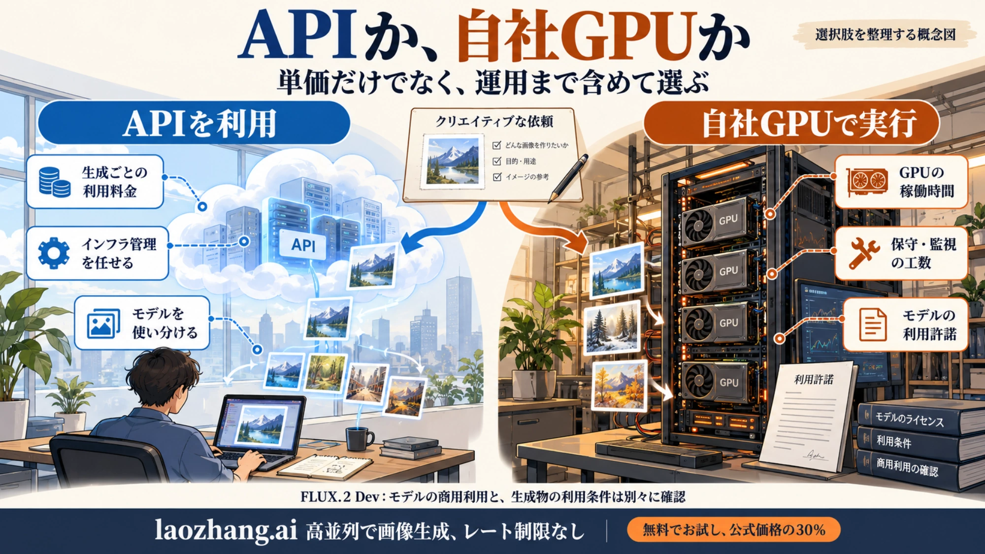 API利用の料金と運用上の利点、自社GPU運用の稼働時間・保守・利用許諾を整理した概念図。FLUX.2 Devのモデル商用利用と生成物の条件は別々に確認する。