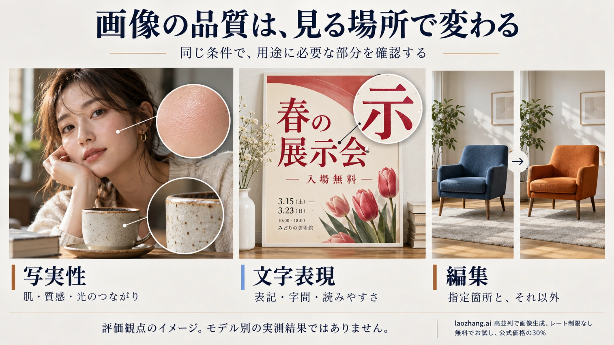 肌や素材の質感、文字の読みやすさ、編集箇所と周囲の一貫性を確認する観点の概念図。各モデルの実測結果ではない。