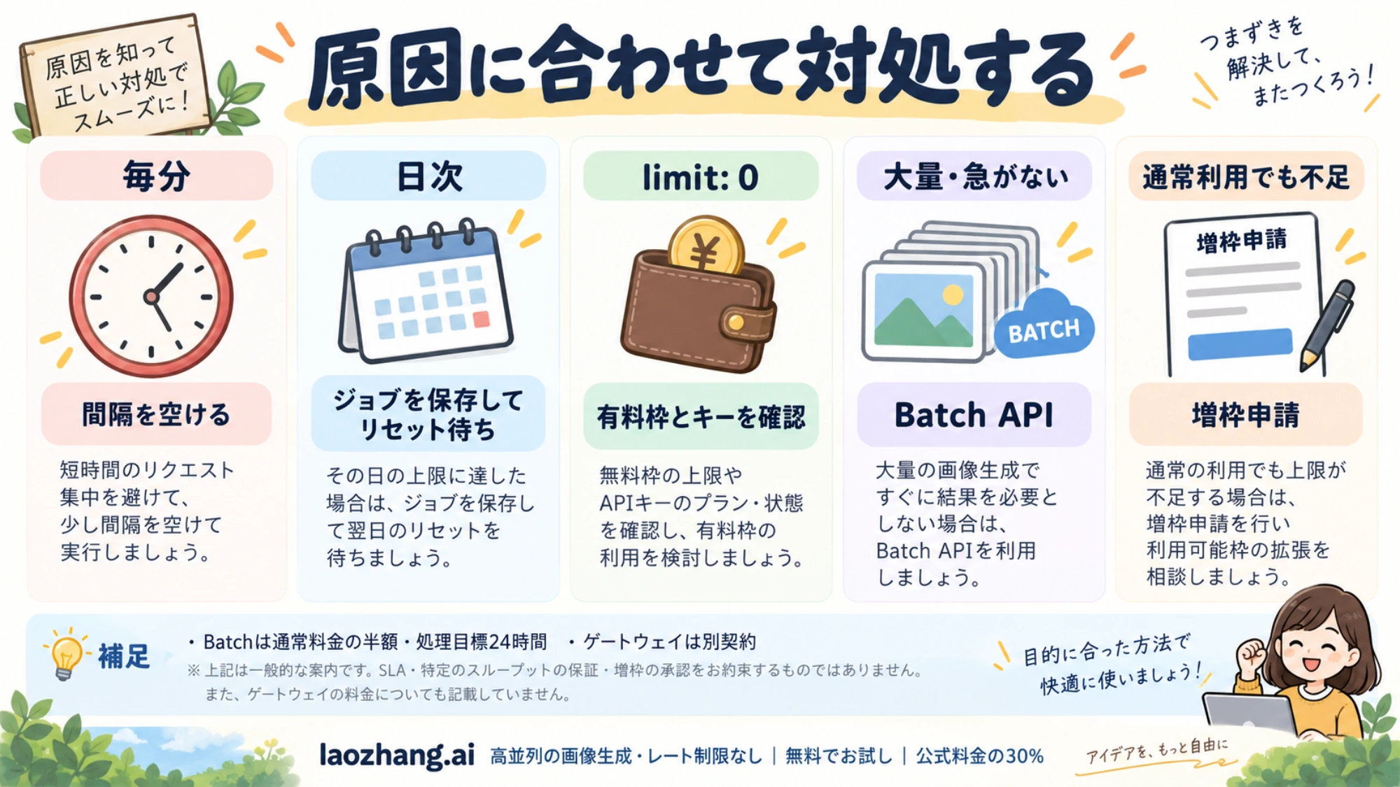 429への対処を待機・課金設定・Batch・増枠に分けた比較図