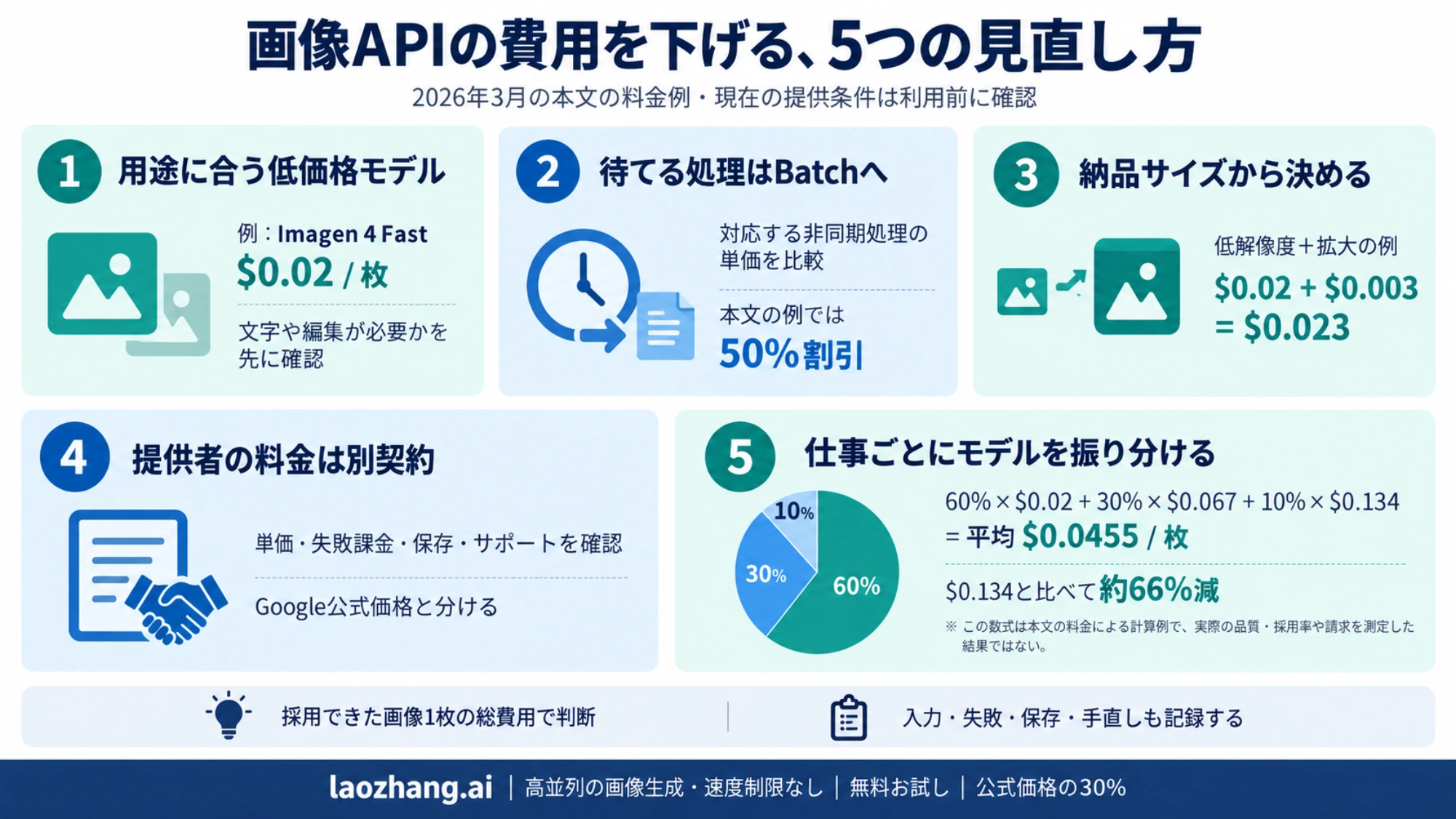 用途に合うモデル、Batch、サイズと拡大、提供者の別契約、仕事別の振り分けという五つの費用見直し方を示す図