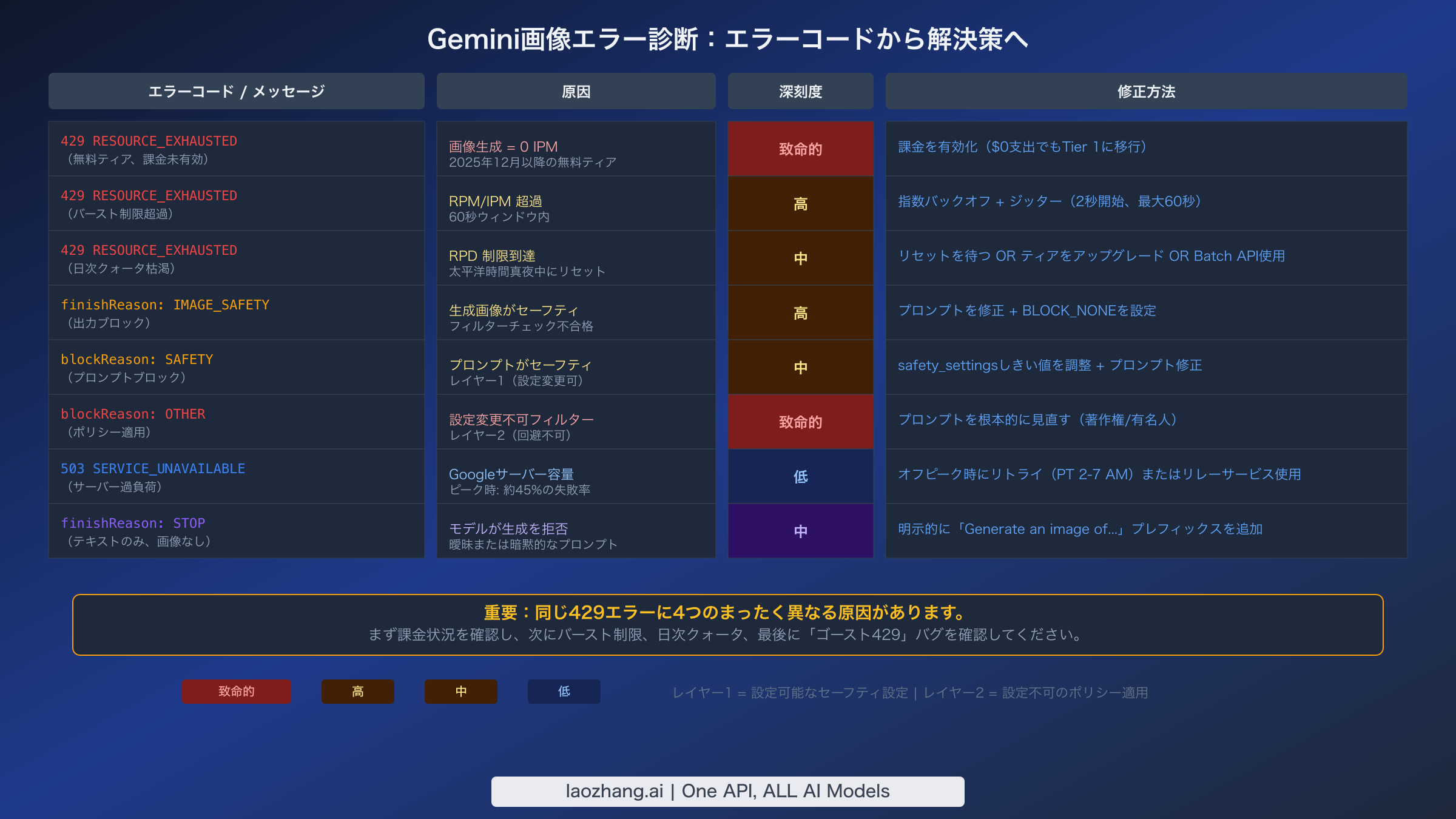 Gemini画像エラー診断テーブル：8つのエラーコードと原因・深刻度・修正方法の対応表