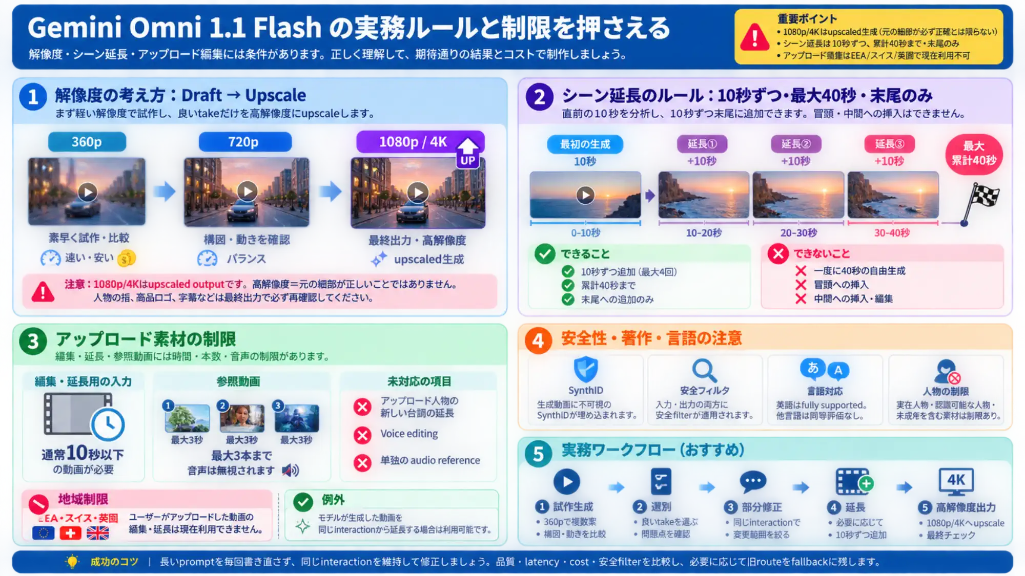 Gemini Omni 1.1 Flashの実務ルール図。360p draft、1080pと4Kのupscale、10秒単位の末尾延長、アップロード・人物・地域・言語の制限を説明