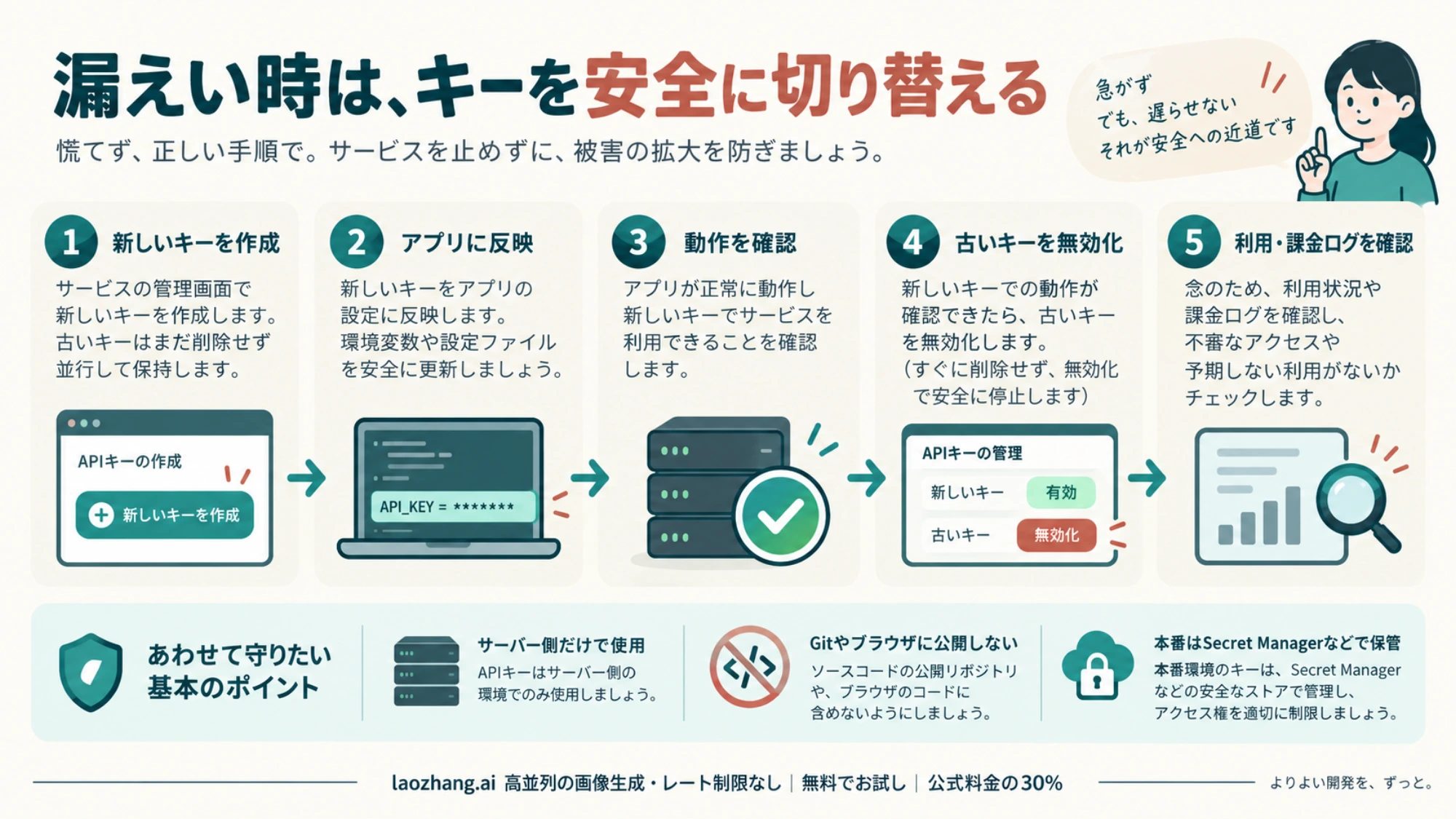 新しいAPIキーを作成・反映・確認してから古いキーを無効化する流れ