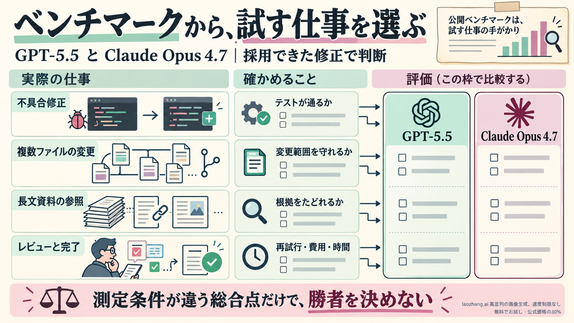 GPT-5.5とClaude Opus 4.7を作業別に比較し、ベンチマークの用途を考える図