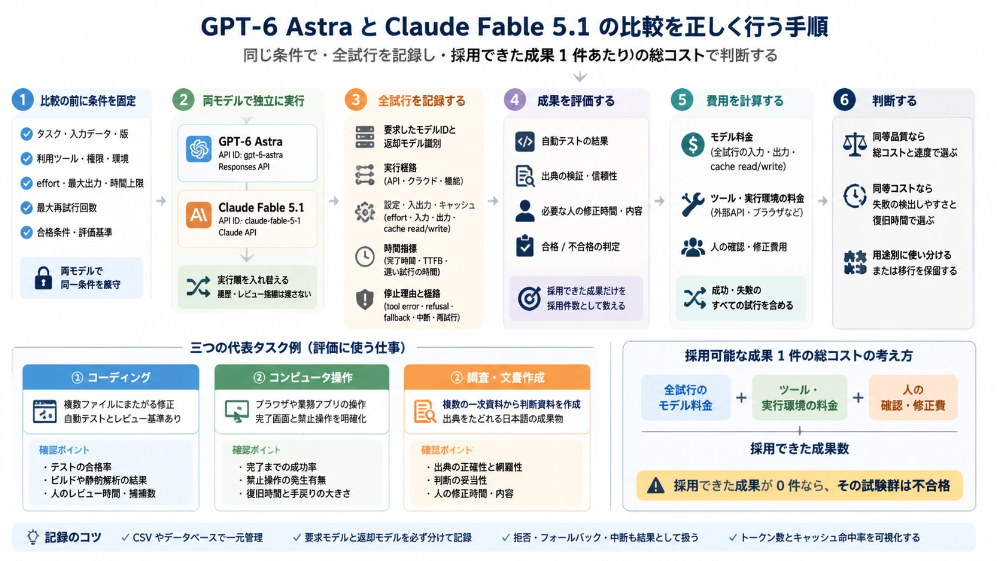 GPT-6 AstraとClaude Fable 5.1を同条件で比較し、全試行の記録から採用可能な成果1件の総コストを計算する手順