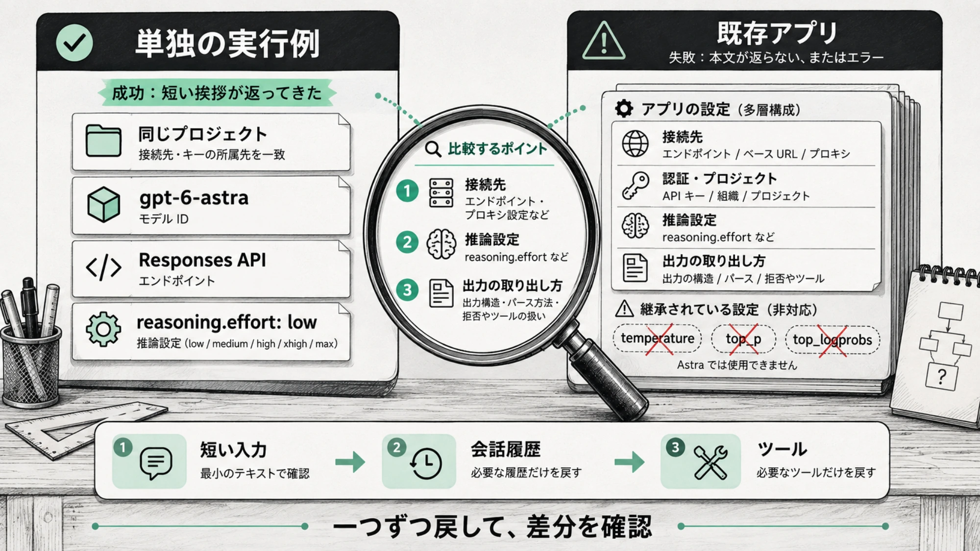 単独の実行例と既存アプリの接続先や推論設定を比較し、会話履歴とツールを順に戻す手順