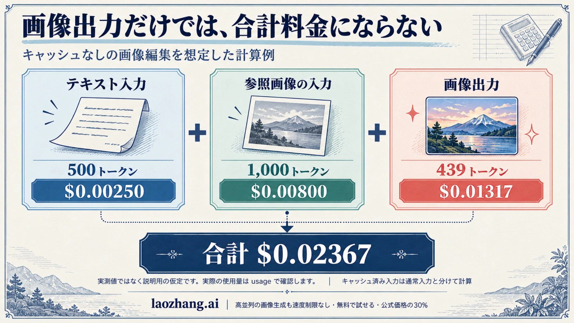 テキスト入力、参照画像の入力、画像出力を足して合計料金を求める仮定の計算例