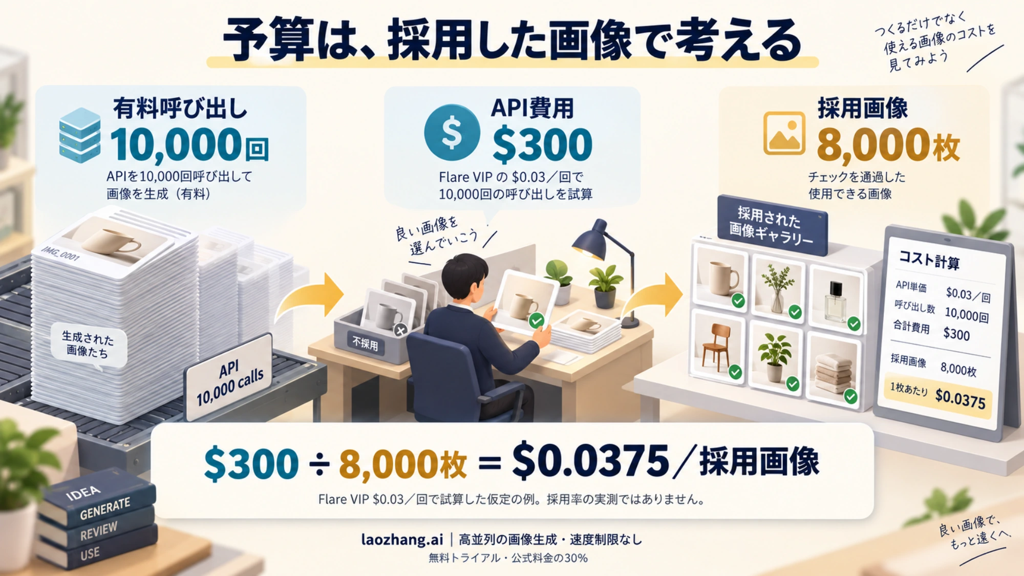 1万回300ドルの呼び出しから8000枚を採用した場合の1枚あたり費用を示す仮定の計算例