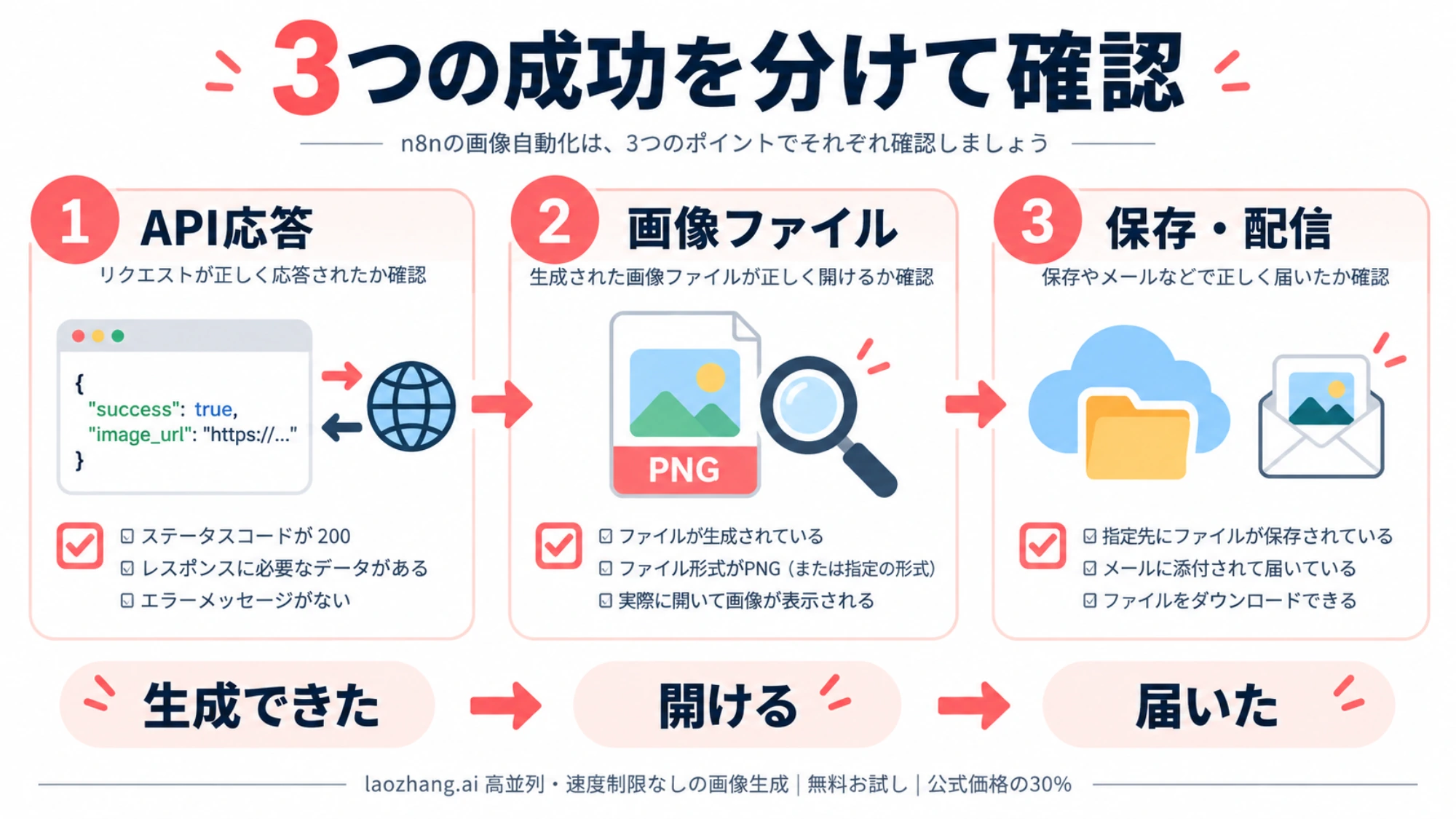 API応答、画像を開けること、保存先への到着を別々に確認する図解