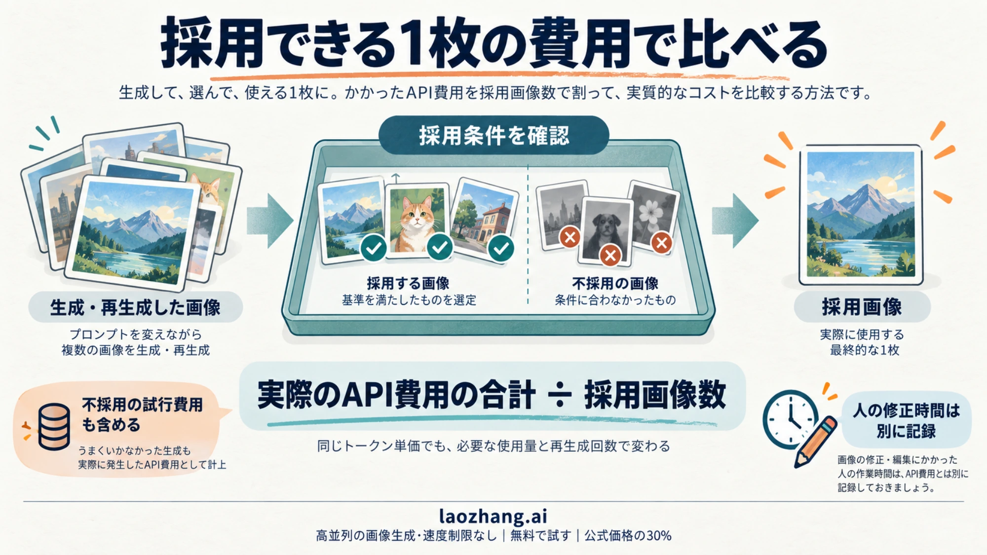 生成と再生成のAPI費用を採用画像数で割り、人の修正時間は別に記録する比較方法