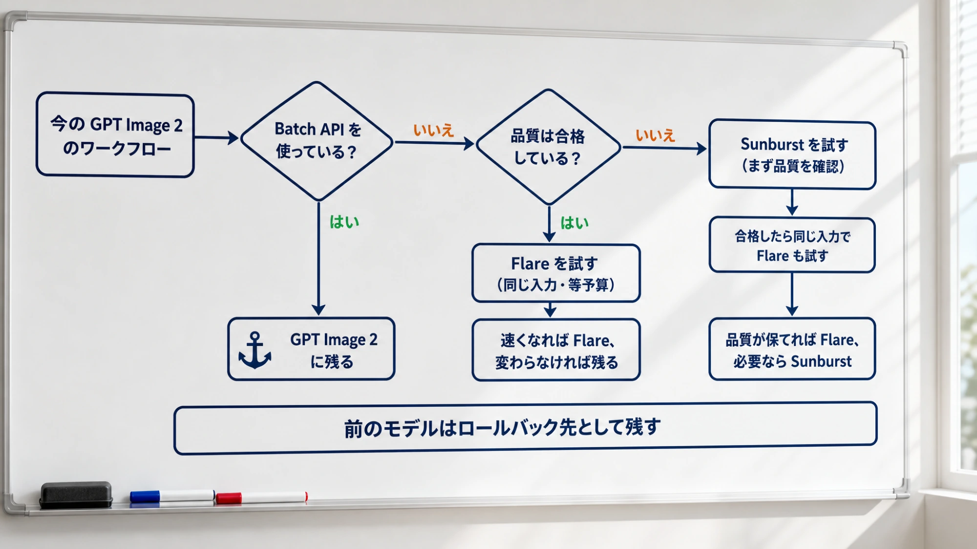 ホワイトボードに描いた移行判断フロー。Batch APIを使っていればGPT Image 2に残り、品質が合格ならFlareを同じ入力・等予算で試し、不合格ならSunburstを先に試して合格後にFlareも試す。下部に「前のモデルはロールバック先として残す」