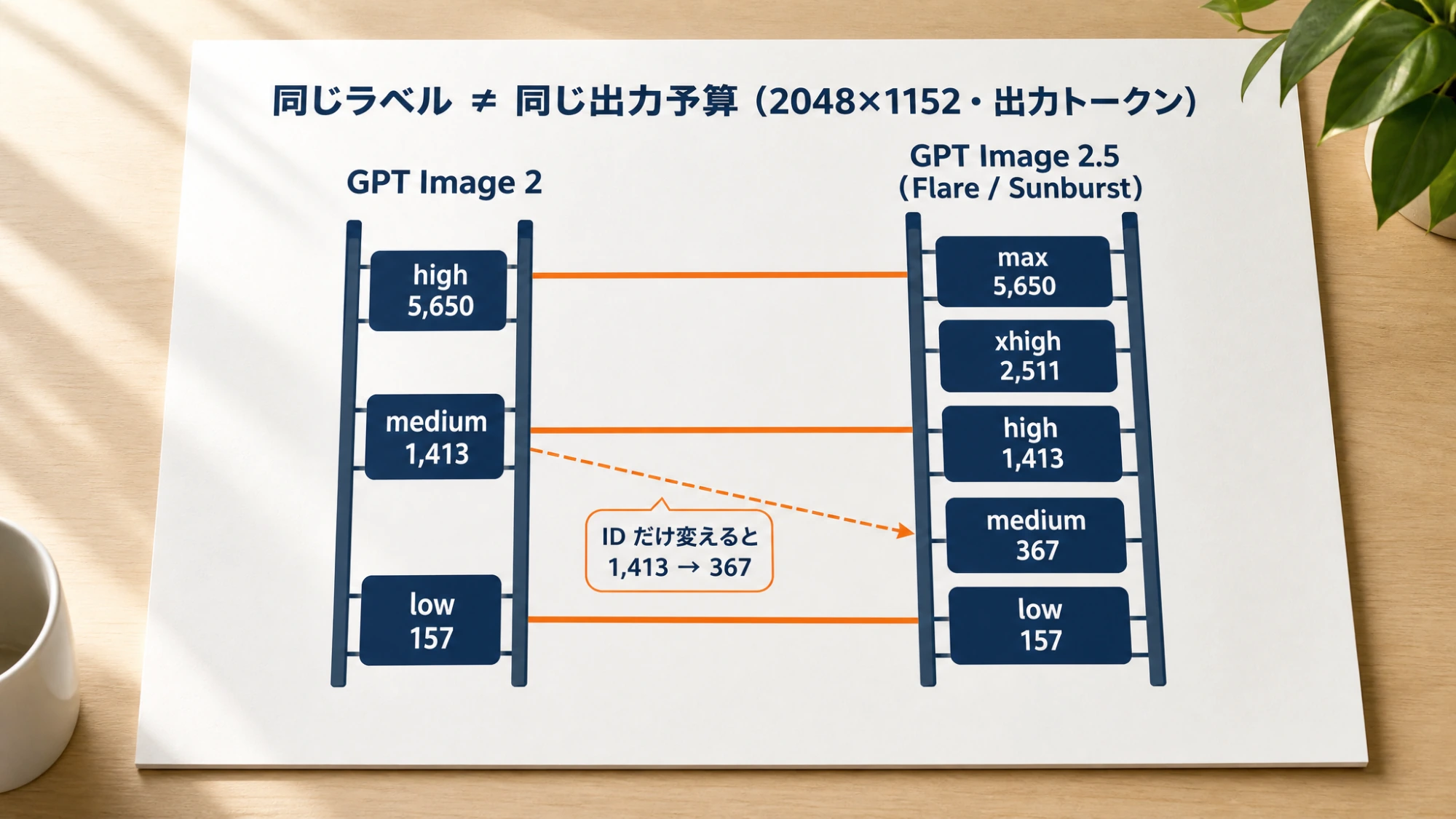 机上のボードに描いた品質ラダーの対応図。GPT Image 2のlow・medium・highと、GPT Image 2.5のlow・medium・high・xhigh・maxを2048×1152の出力トークン数で並べ、157同士、1,413同士、5,650同士を線で結び、IDだけ変えると1,413から367に落ちる点線を添えている