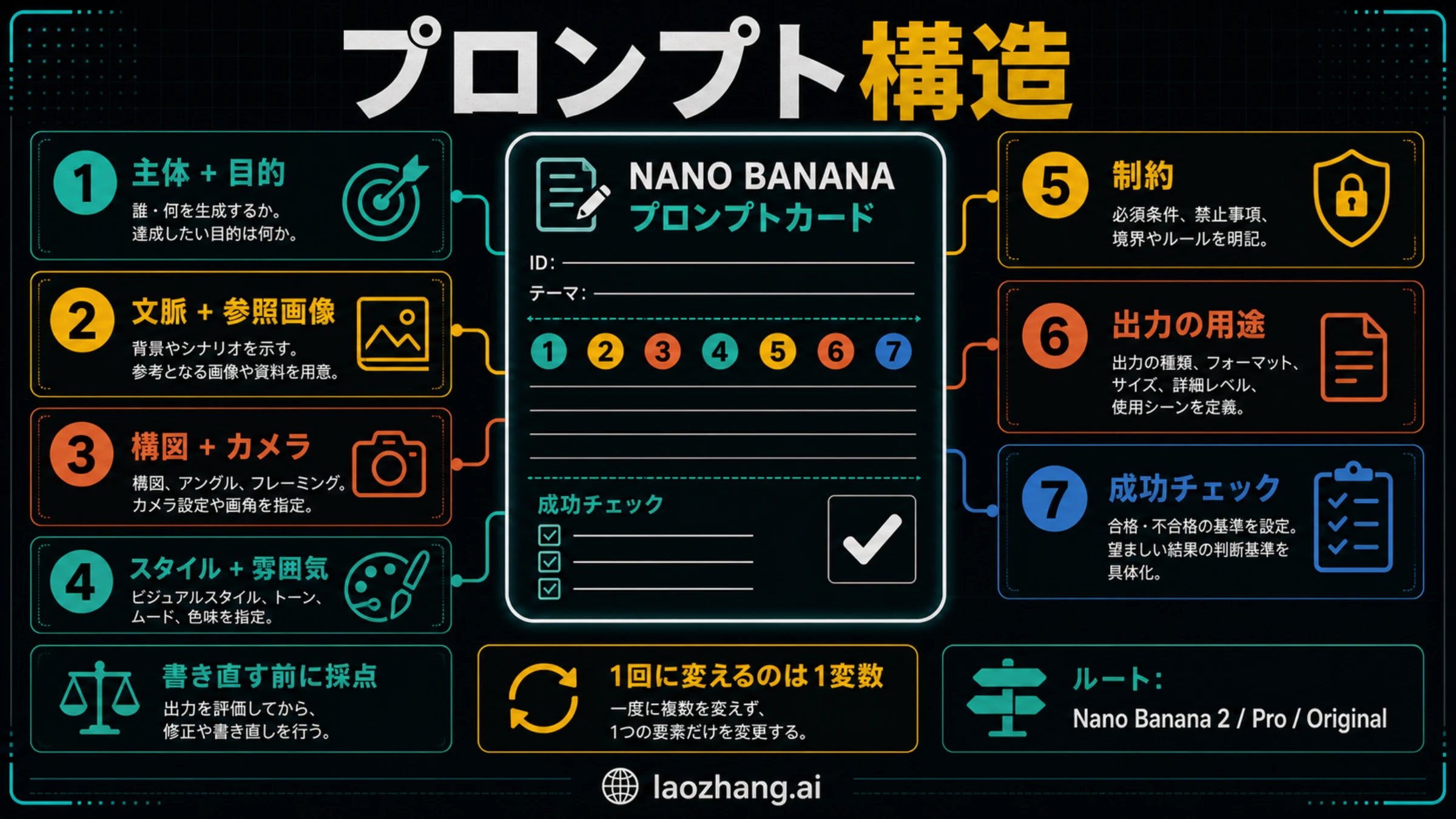 Nano Banana プロンプト作成ワークブックの。制作ブリーフ、同一プロンプトテスト、ルート、50枚カードを示す