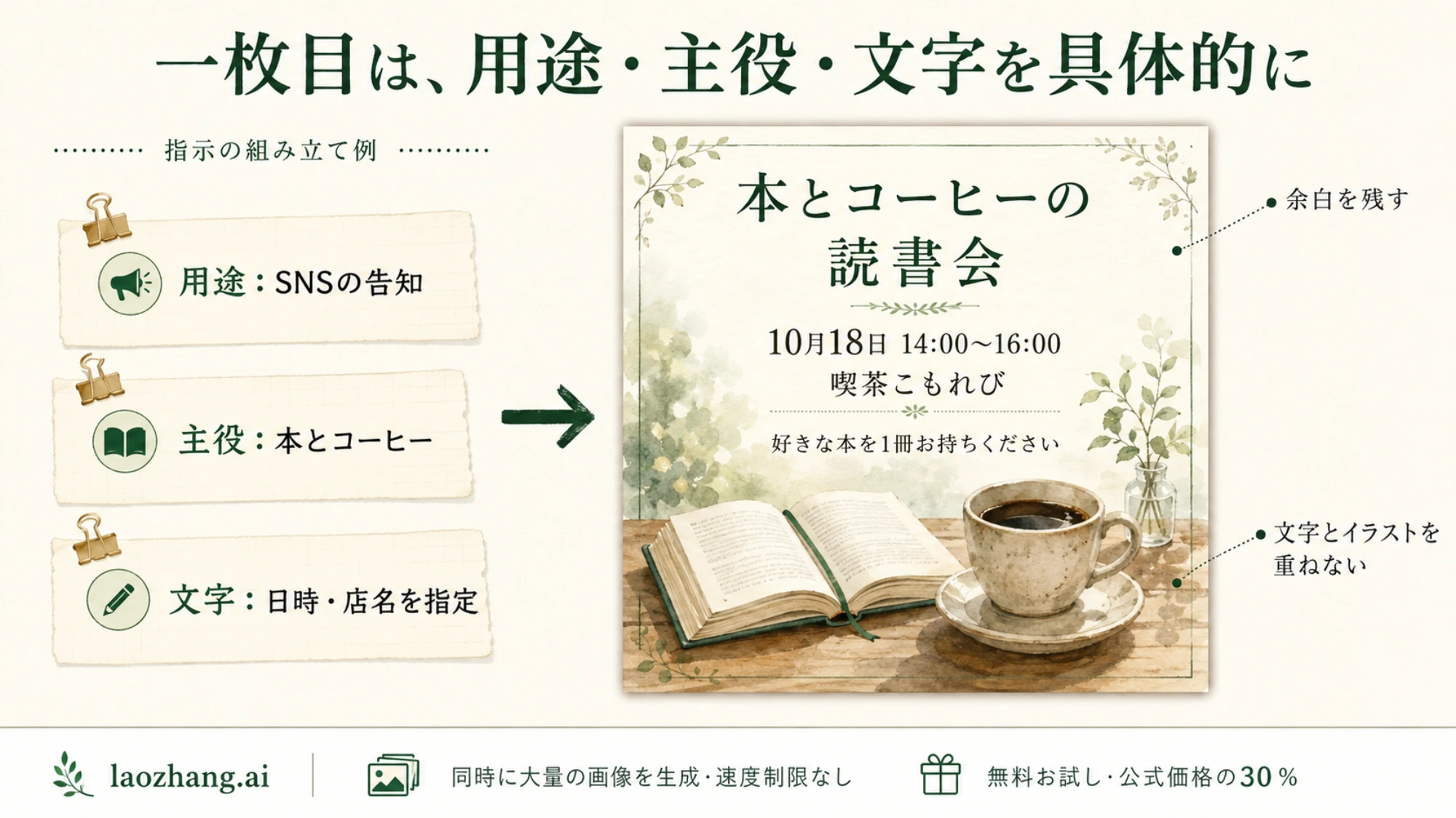 読書会の告知画像を例に、用途・主役・掲載する文字と余白を具体的に指定する説明図