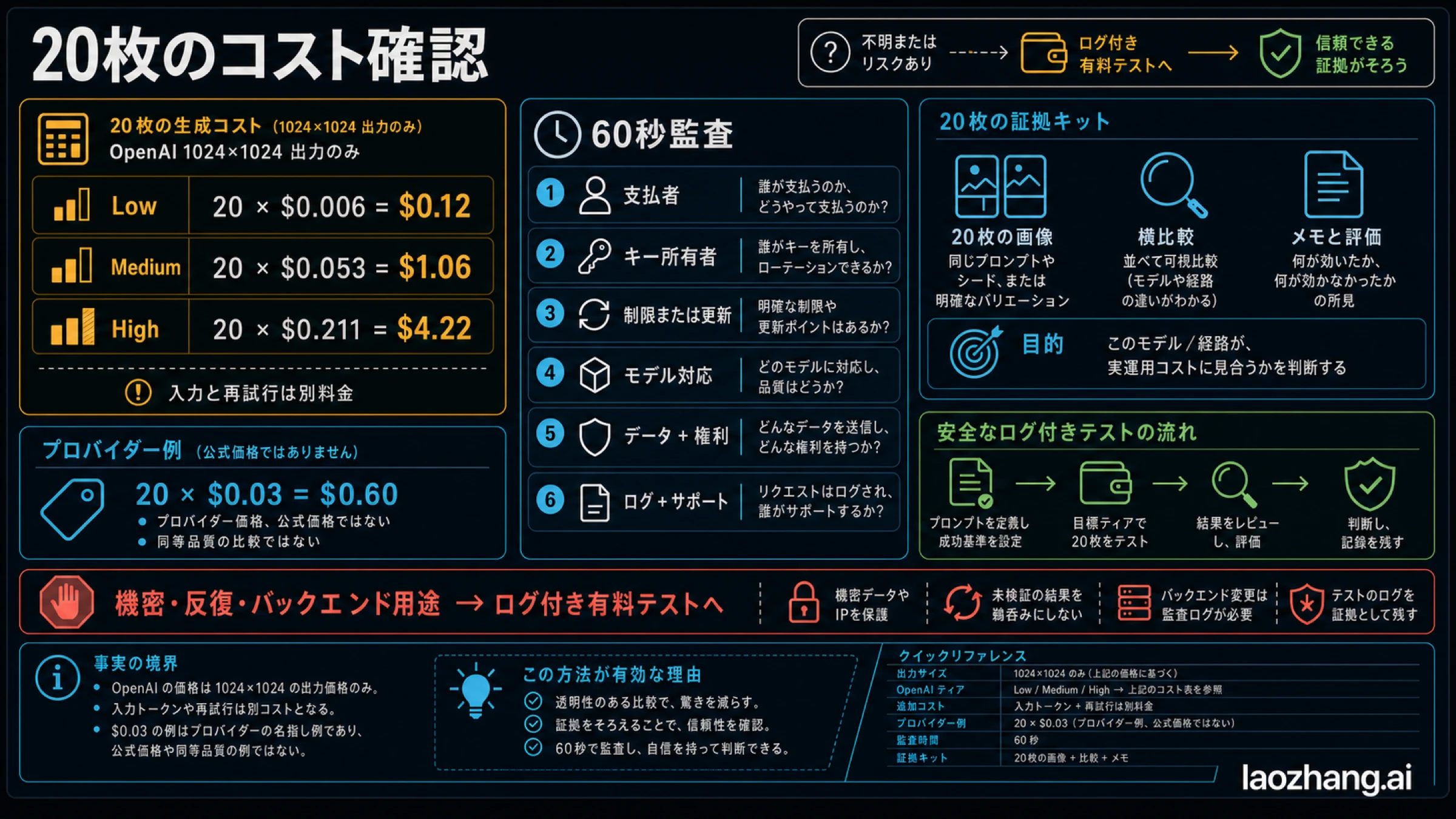 GPT Image 2を20枚生成する費用例と6項目監査、試用から有料テストへ切り替える停止条件