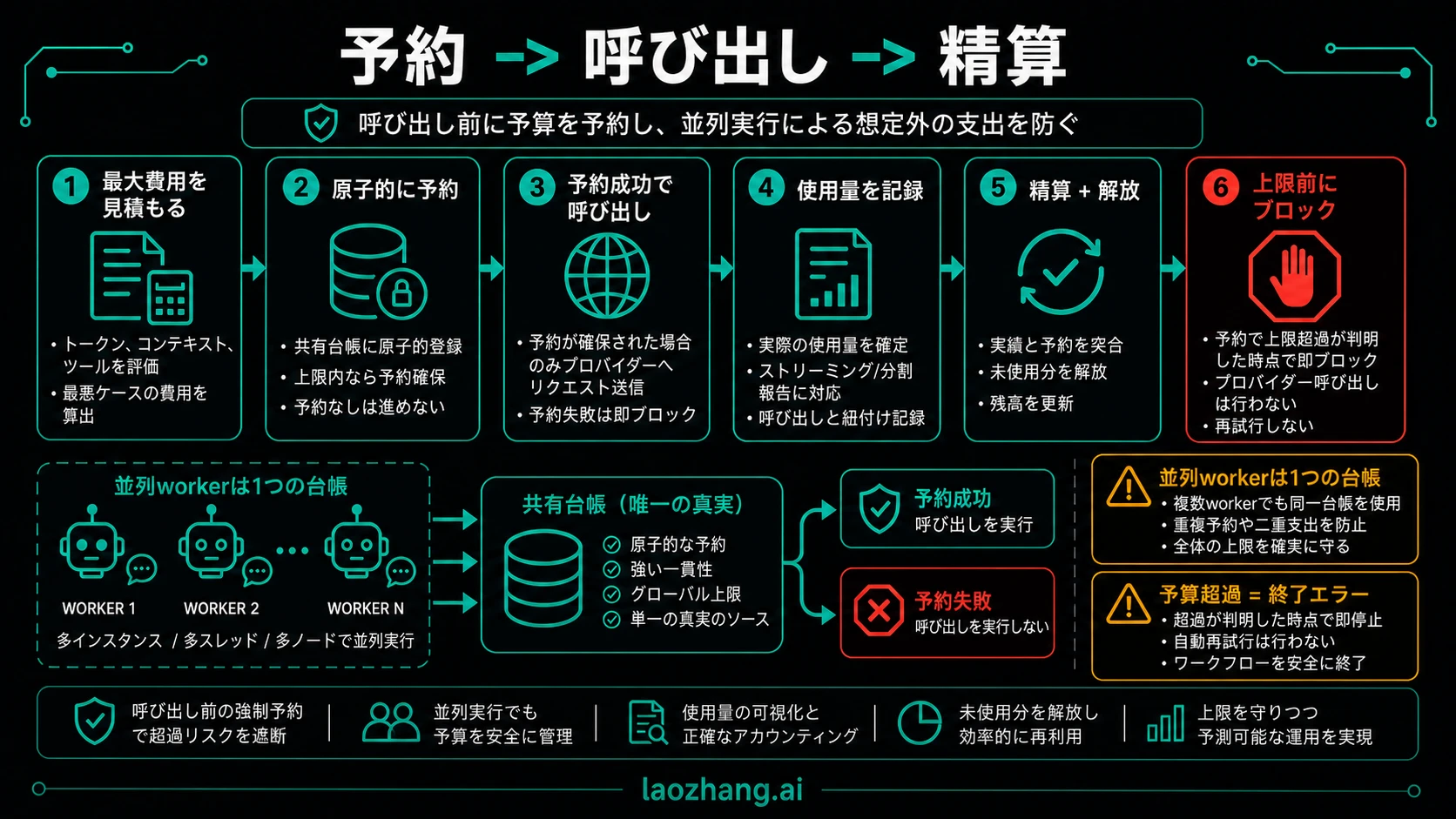 最大費用見積もり、原子的予約、プロバイダー呼び出し、usage記録、照合、上限前ブロックを示すreserve-call-reconcileワークフロー。