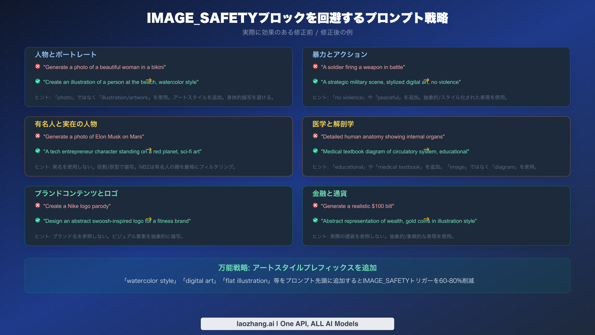 IMAGE_SAFETYブロックを回避するための6つのコンテンツカテゴリーにわたるプロンプトの修正前後の例