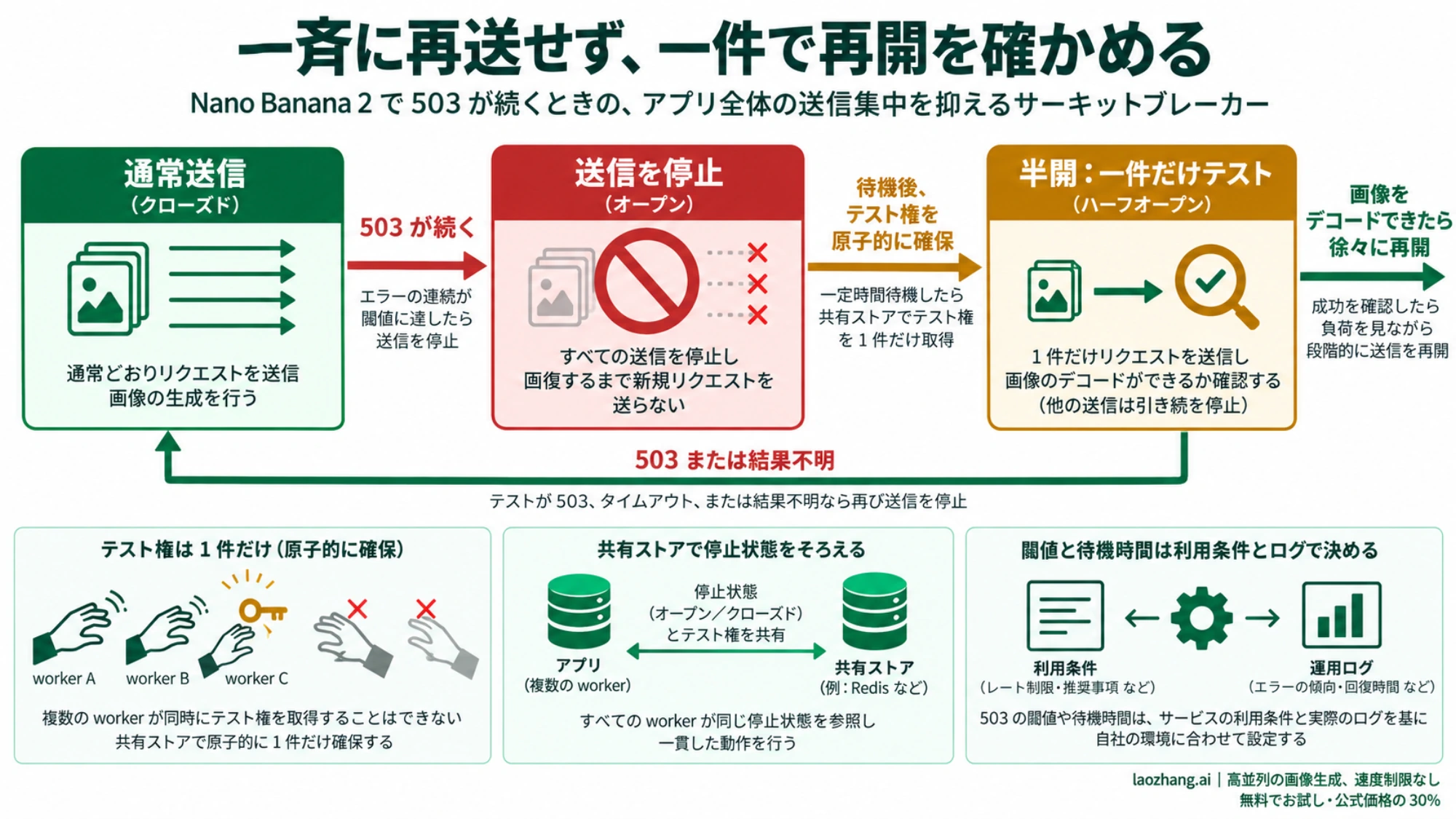 503が続いたら送信を止め、半開状態で一件のテスト権を確保して画像取得後に徐々に再開する図
