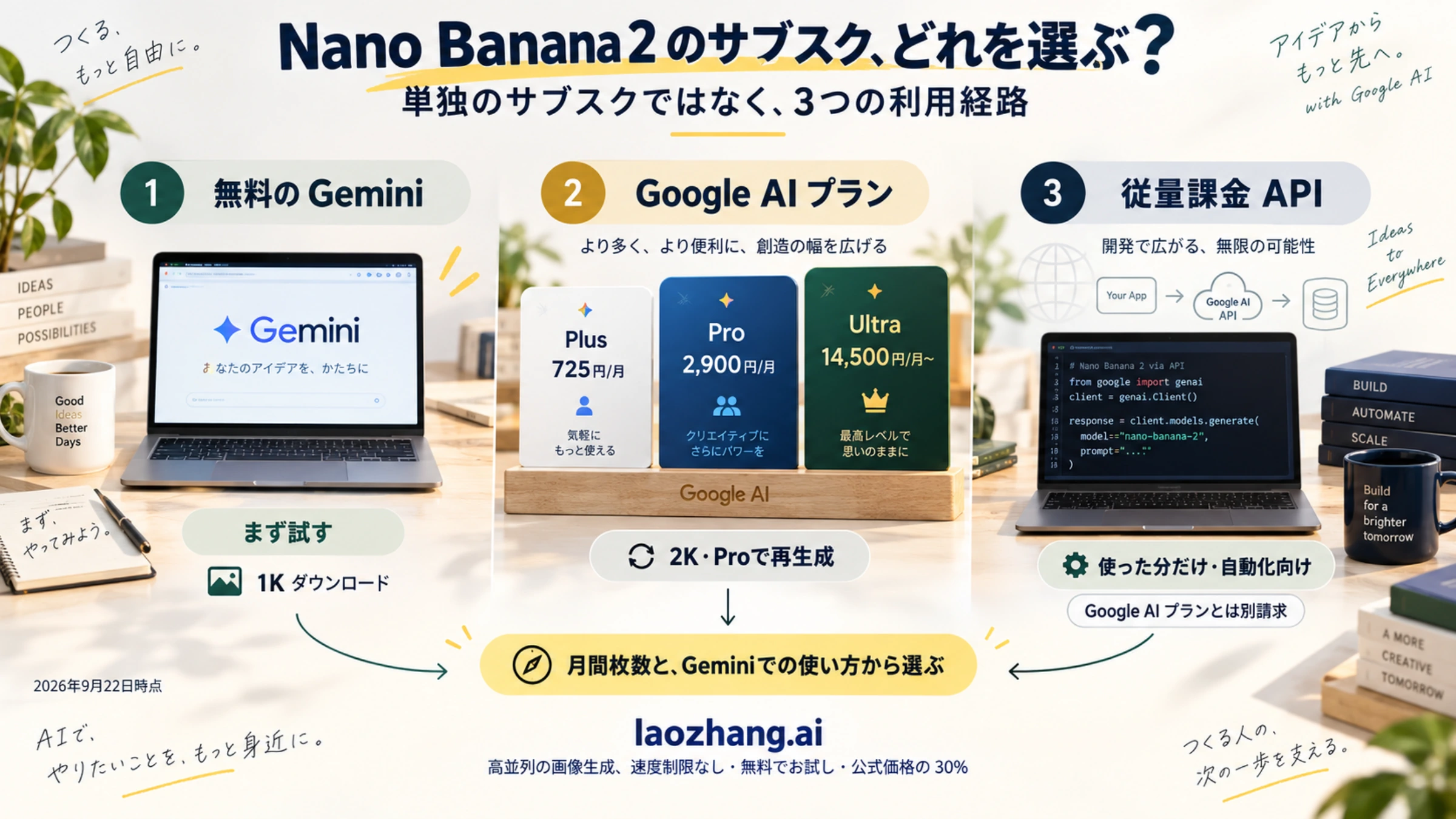 Nano Banana 2 の利用経路を、無料の Gemini、Google AI Plus・Pro・Ultra、従量課金 API の三つに分けて示した図