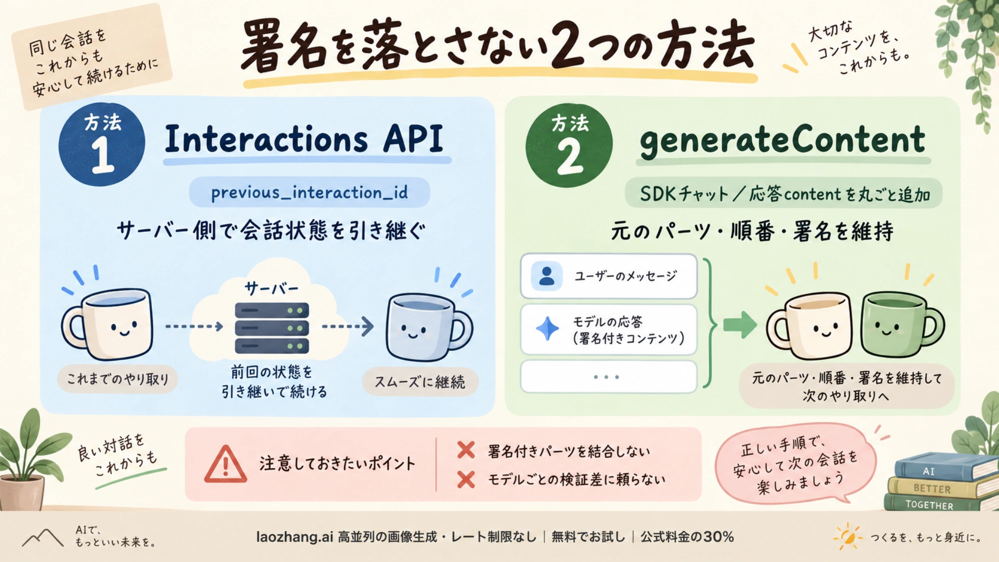 InteractionsとgenerateContentで会話状態を維持する方法の比較