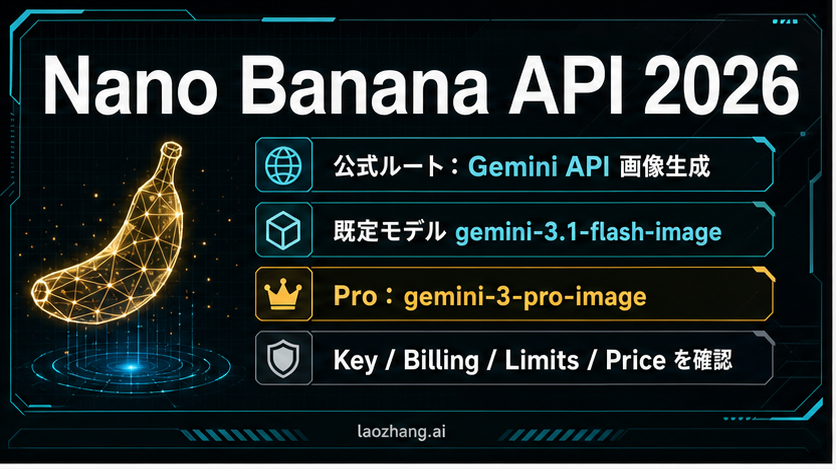 Nano Banana AI画像生成API 2026: 公式Gemini導入、モデル選択、動くコード