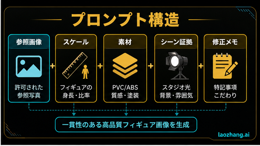 参照画像、スケール、素材、場面の証拠、修正メモを示すプロンプト構造ボード