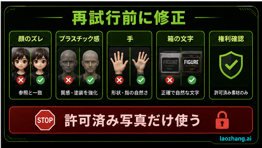顔のずれ、素材、手、箱文字、権利確認を示す修正チェックボード