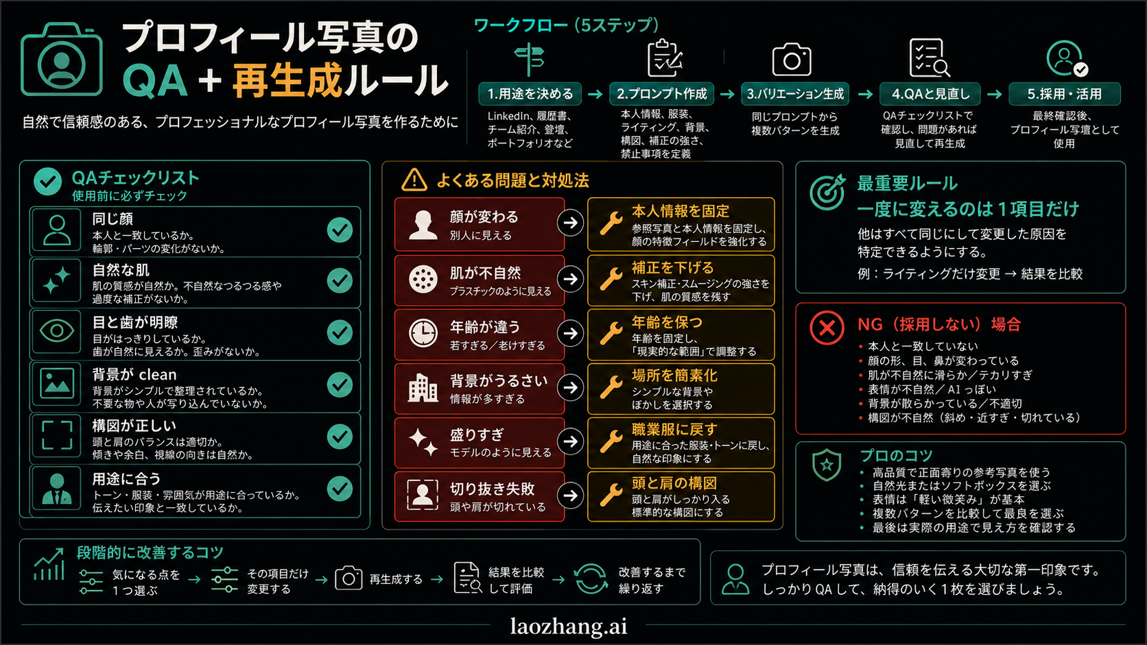 Nano Banana 職業プロフィール写真プロンプトの情報ボード。用途、同意、本人らしさ、品質確認を示す