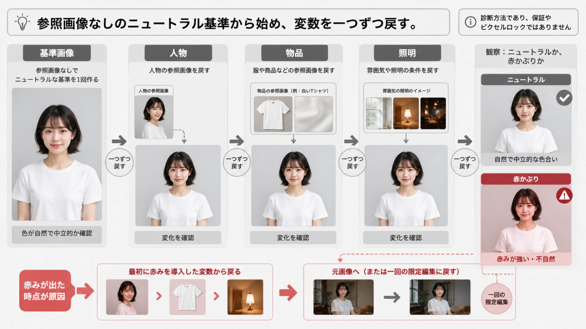 ニュートラルな基準から参照画像、編集対象、照明を一つずつ戻す検証図