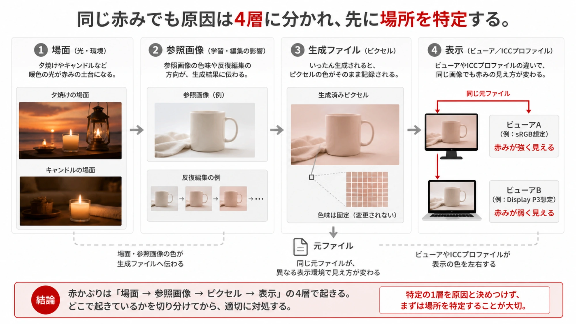 Nano Bananaの赤かぶりを場面、参照画像、生成ピクセル、表示プロファイルの4層で切り分ける図