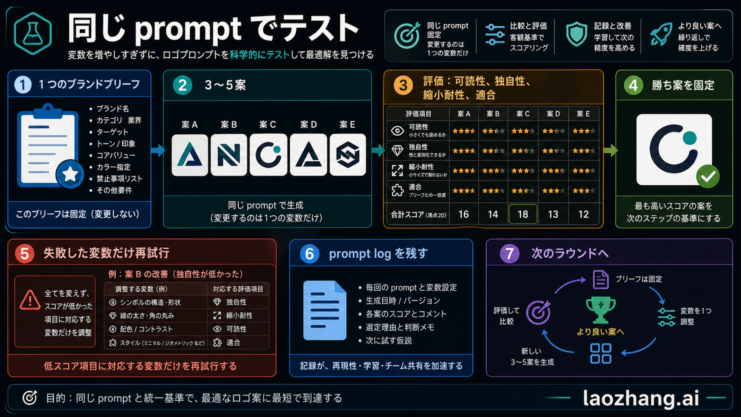 Same-prompt test workflow for logo prompts