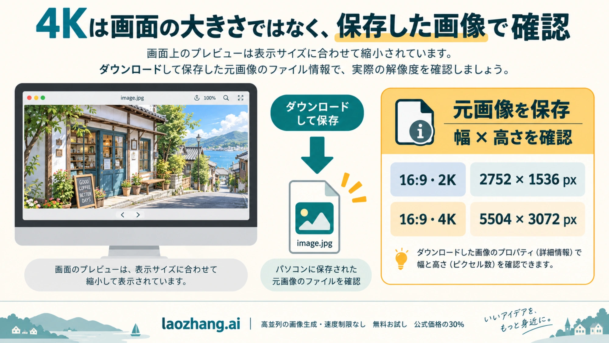 画面のプレビューではなく、保存した元画像のファイル情報で幅と高さを確認する流れを示した説明図