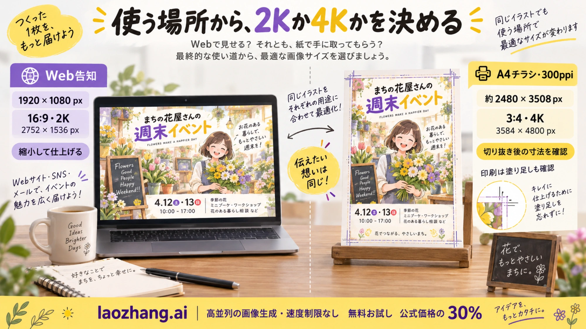 お店のWeb告知とA4の店頭チラシを例に、表示サイズと印刷・切り抜き後の寸法から2Kと4Kを選ぶ説明図