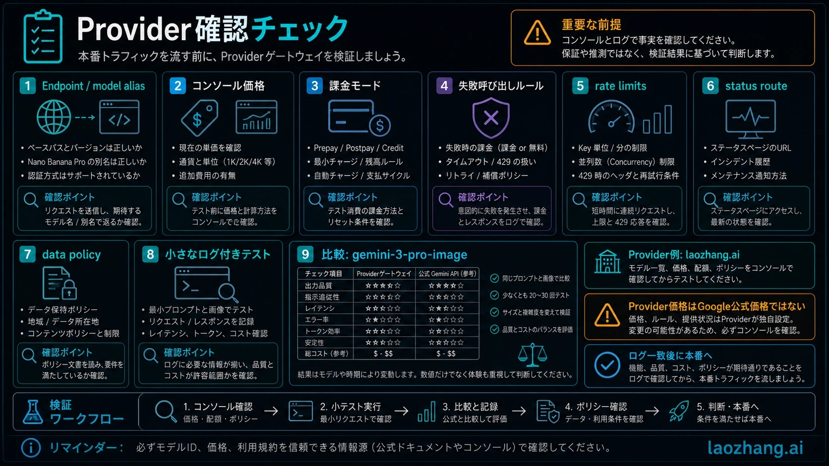 価格、billing、failed-call rule、status route、data policy、logs を確認する provider proof checklist