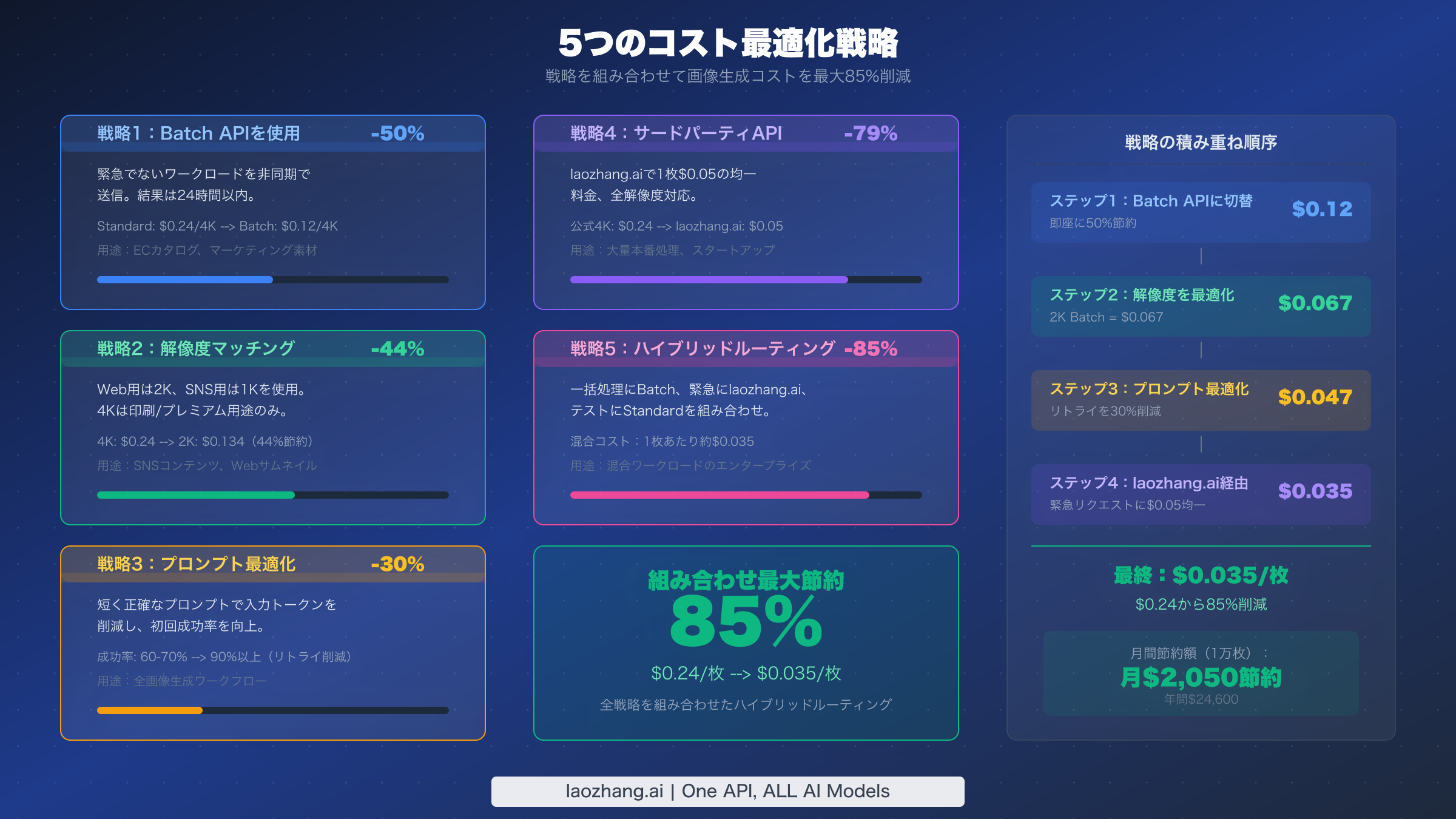Nano Banana Proの5つのコスト最適化戦略 — 組み合わせることで30%から85%の節約を実現
